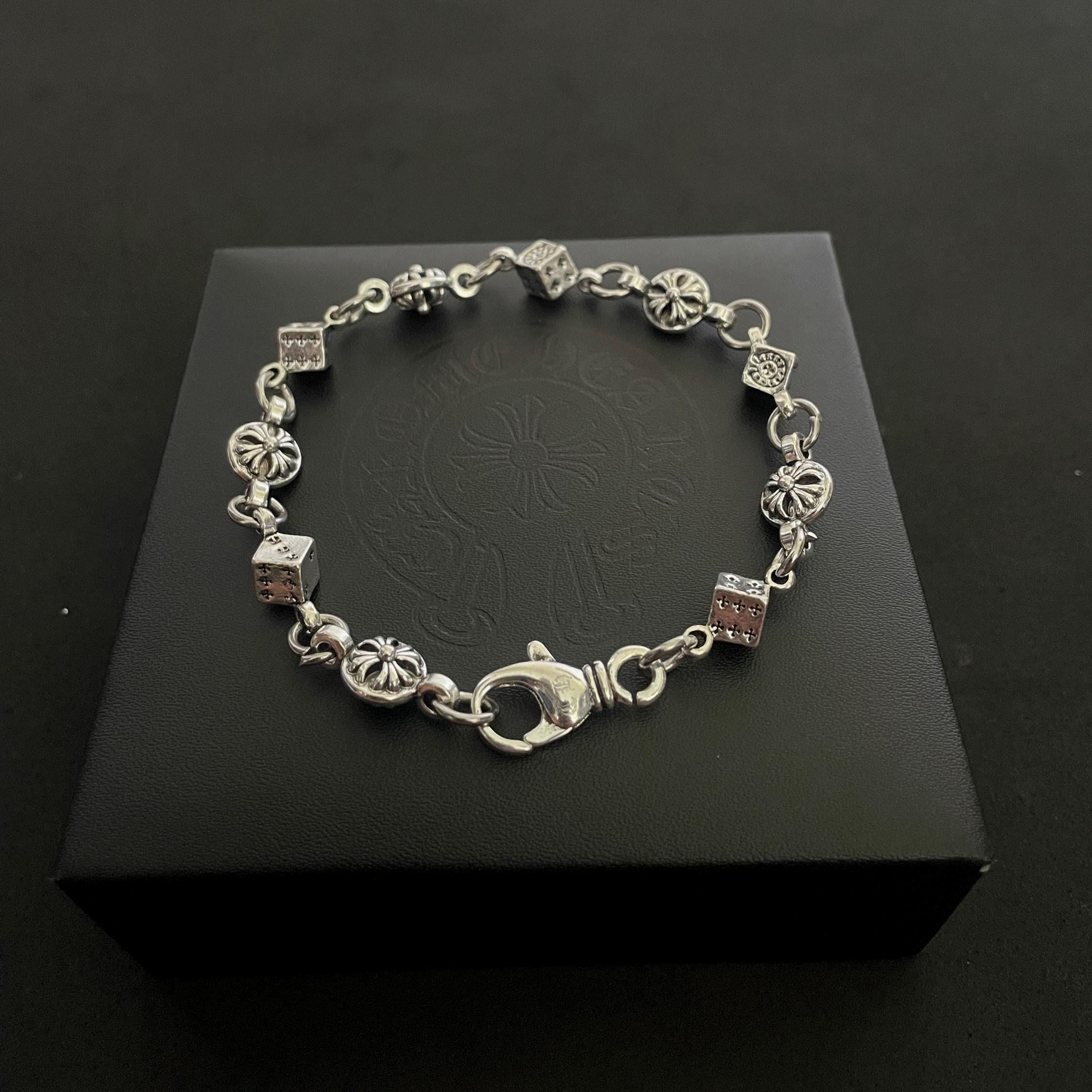 Ch gothic style y2k chrome silver punk dice chrome bracelet grunge b3