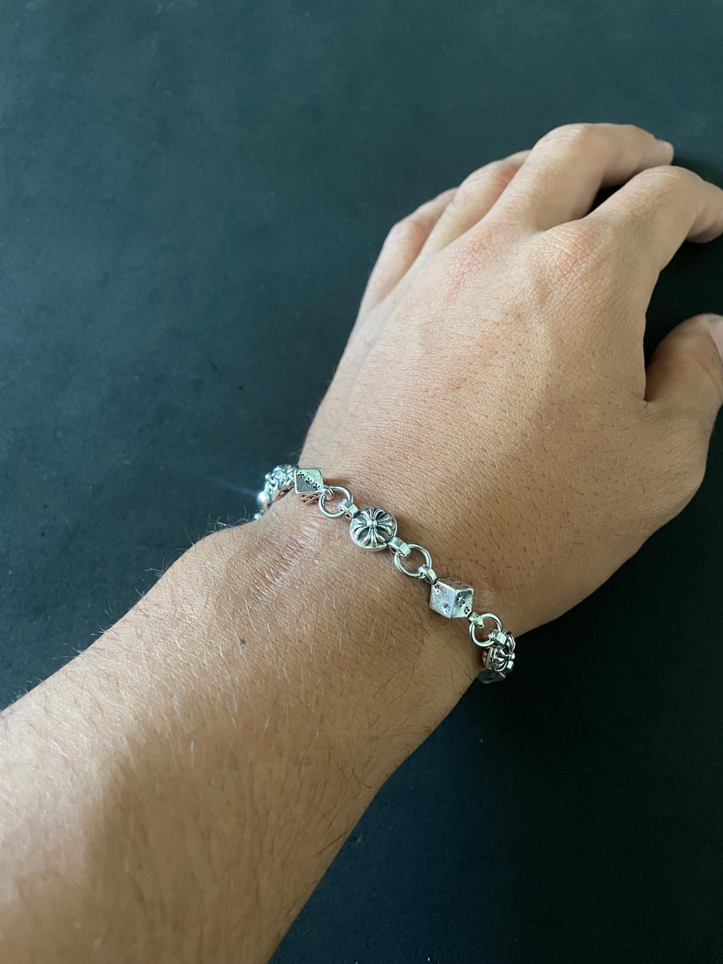 Ch gothic style y2k chrome silver punk dice chrome bracelet grunge b3