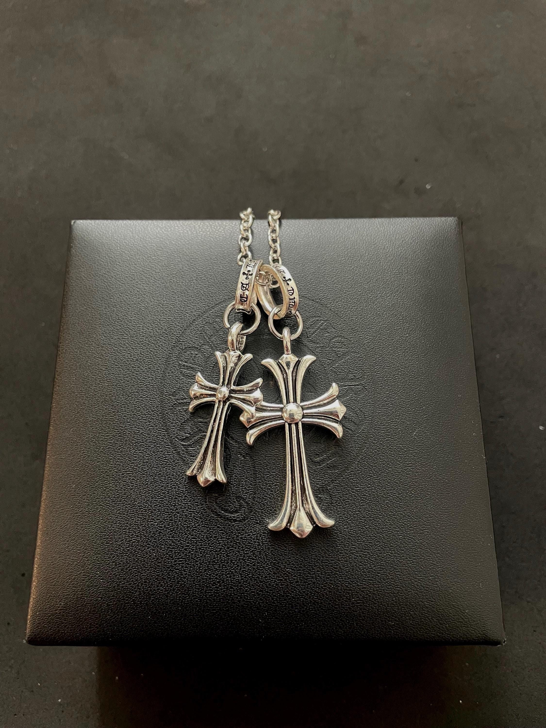 Ch gothic style y2k punk charm double cross necklace chrome silver choke chain pendant lightweight 24in a4