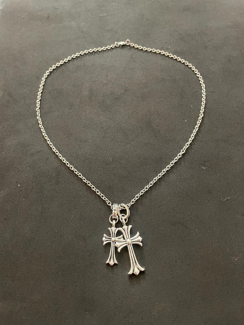 Ch gothic style y2k punk charm double cross necklace chrome silver choke chain pendant lightweight 24in a4