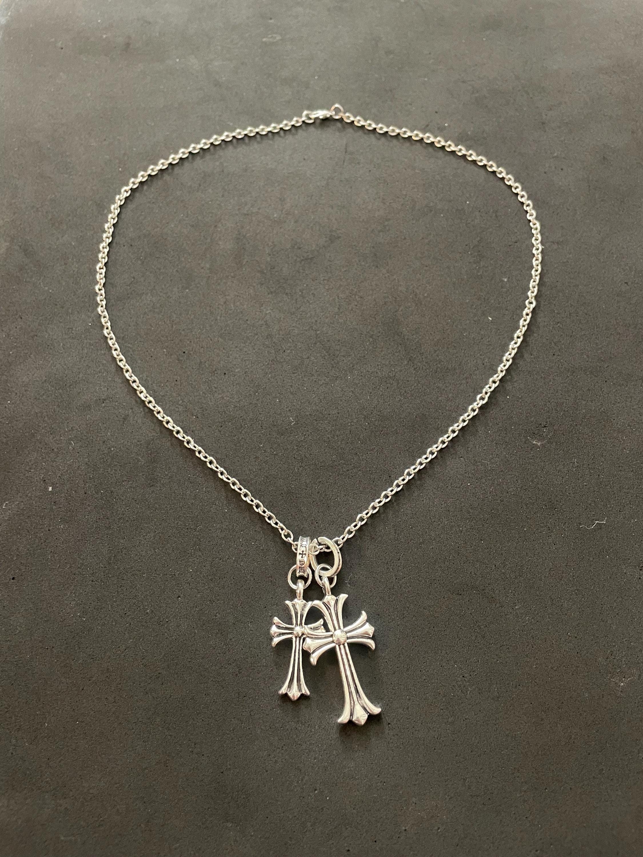Ch gothic style y2k punk charm double cross necklace chrome silver choke chain pendant lightweight 24in a4