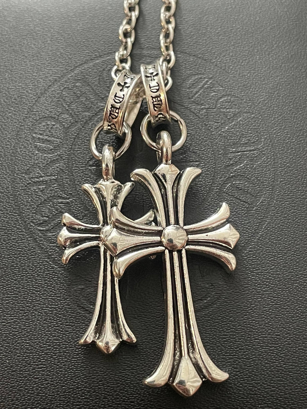 Ch gothic style y2k punk charm double cross necklace chrome silver choke chain pendant lightweight 24in a4