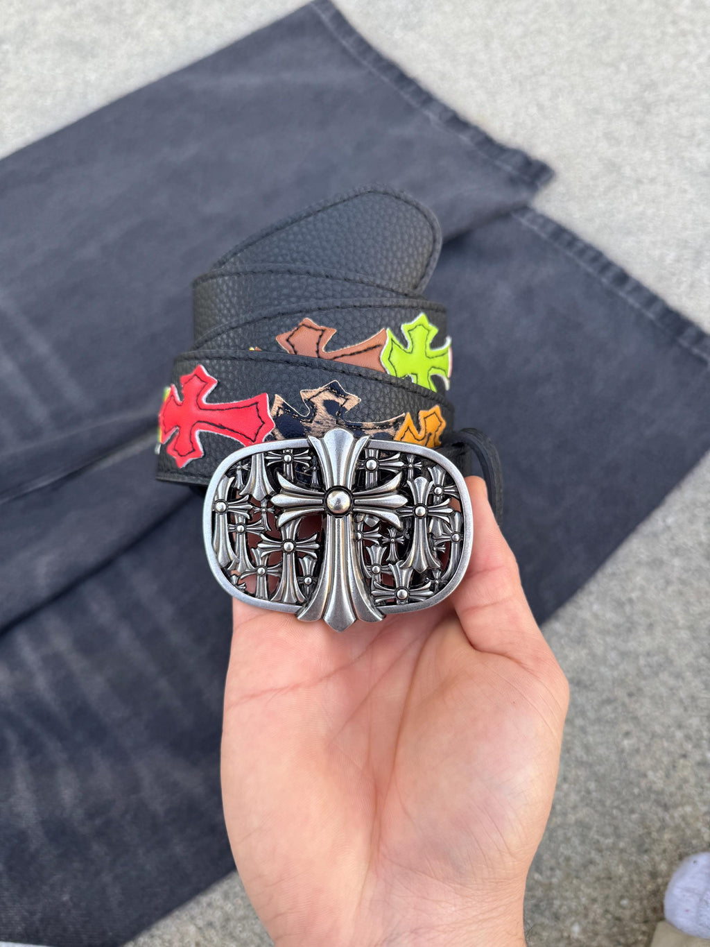 Ch gothic style belt y2k cemetery leather crosses grunge emo goth style steel chrome e1