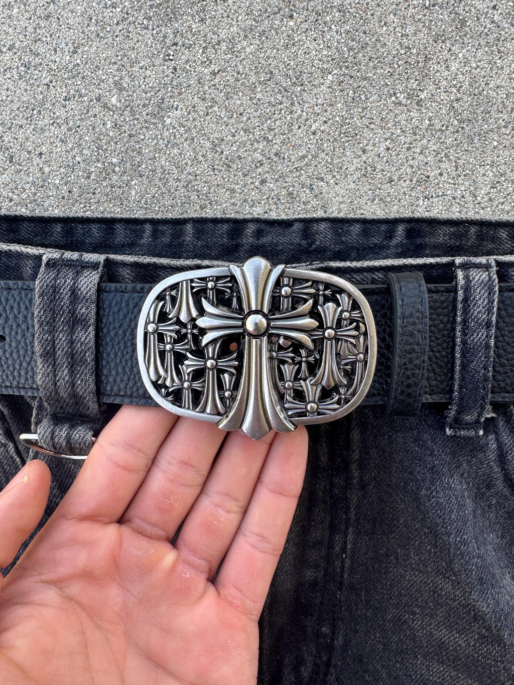 Ch gothic style belt y2k cemetery leather crosses grunge emo goth style steel chrome e1