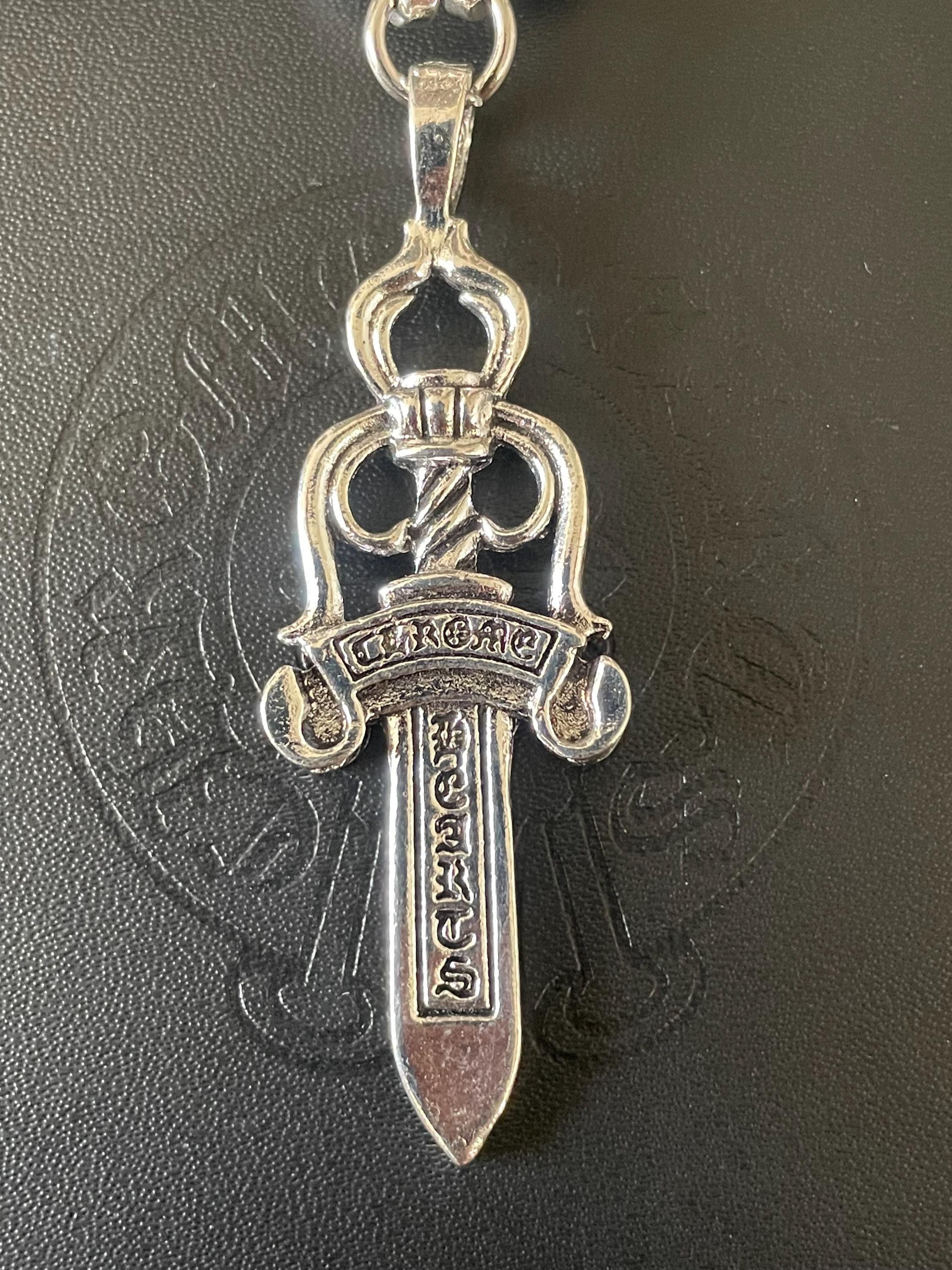 Ch gothic style sword y2k punk chrome silver necklace choke chain pendant heavy 20in a5