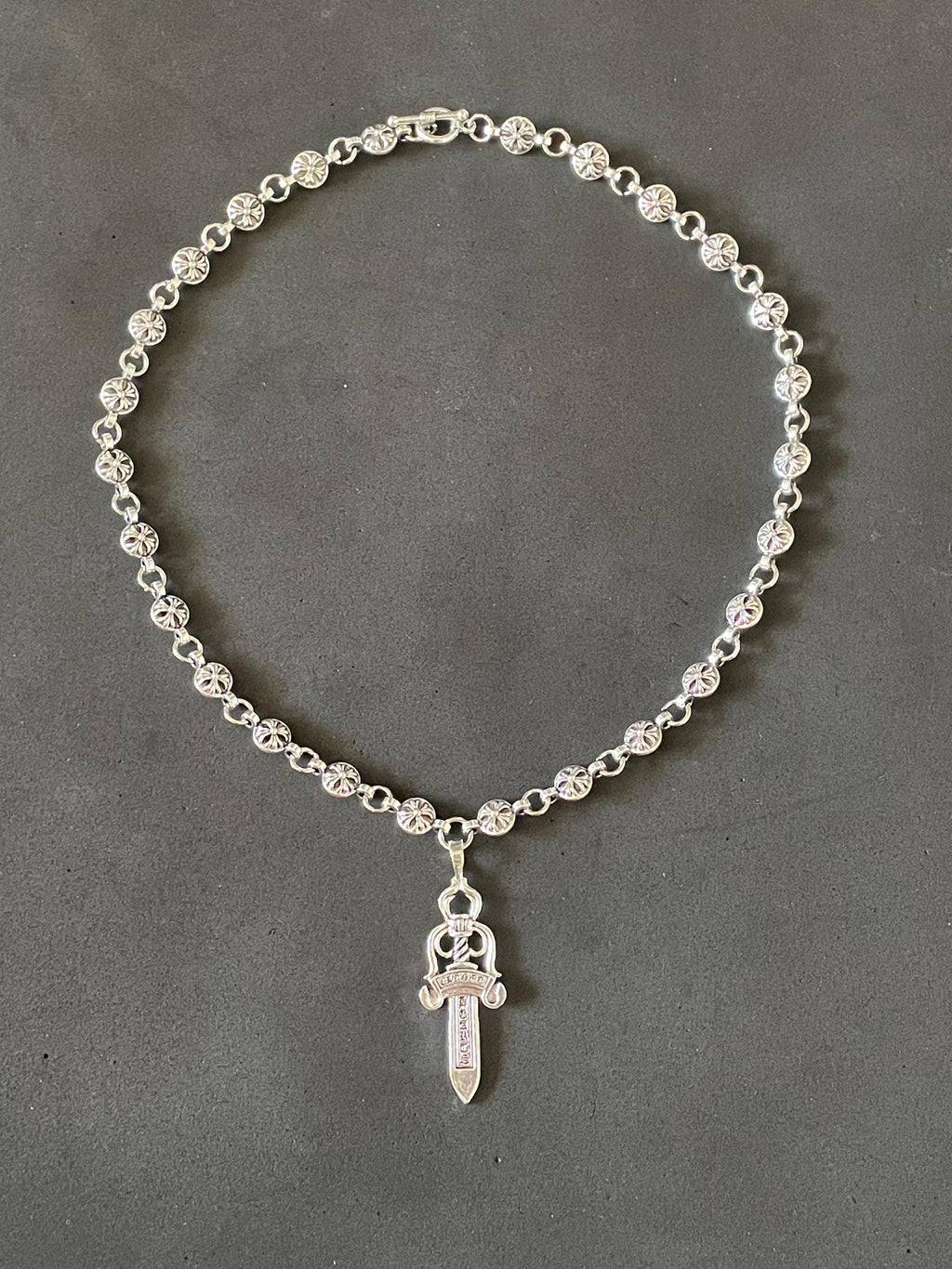 Ch gothic style sword y2k punk chrome silver necklace choke chain pendant heavy 20in a5