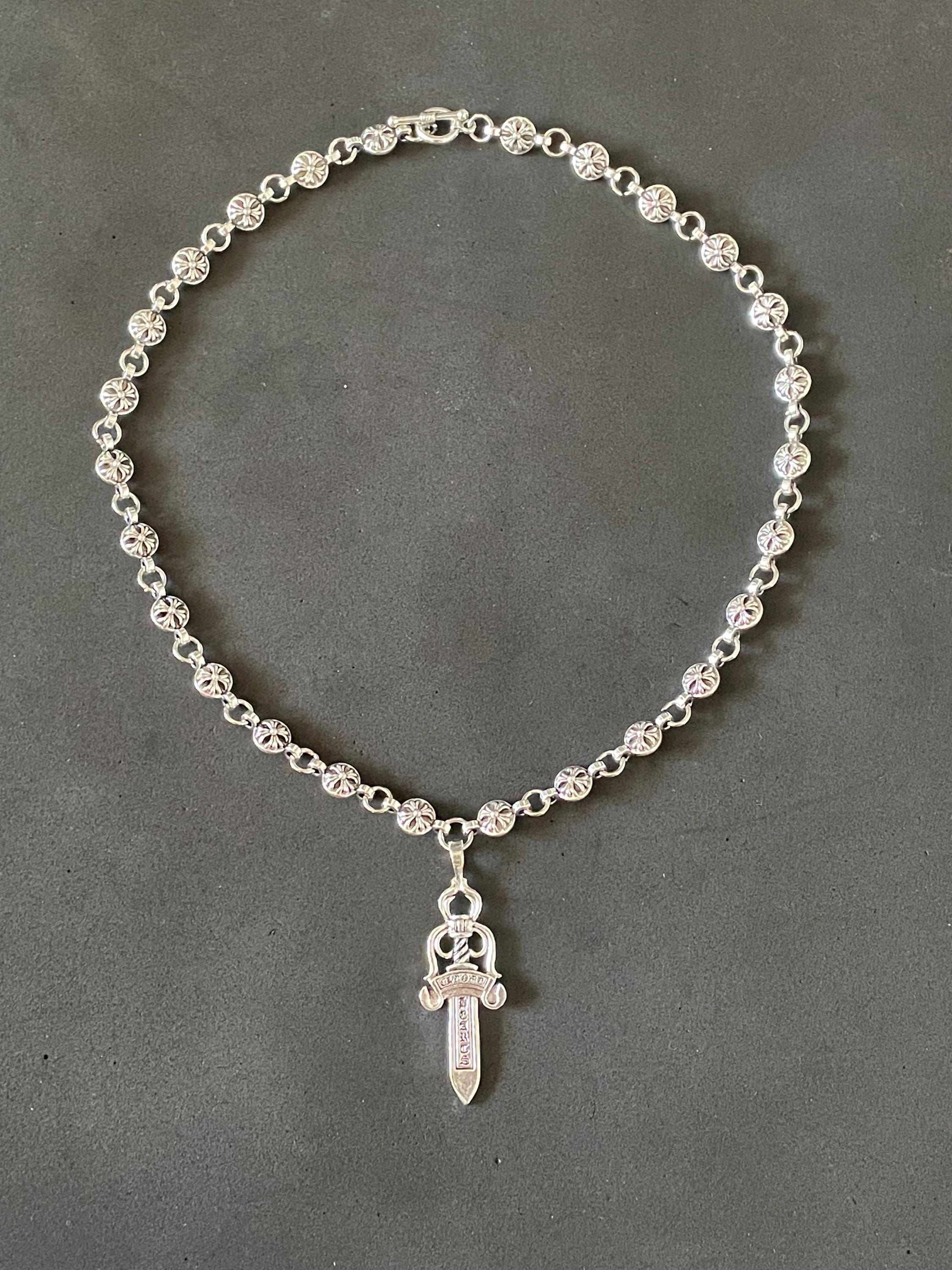 Ch gothic style sword y2k punk chrome silver necklace choke chain pendant heavy 20in a5