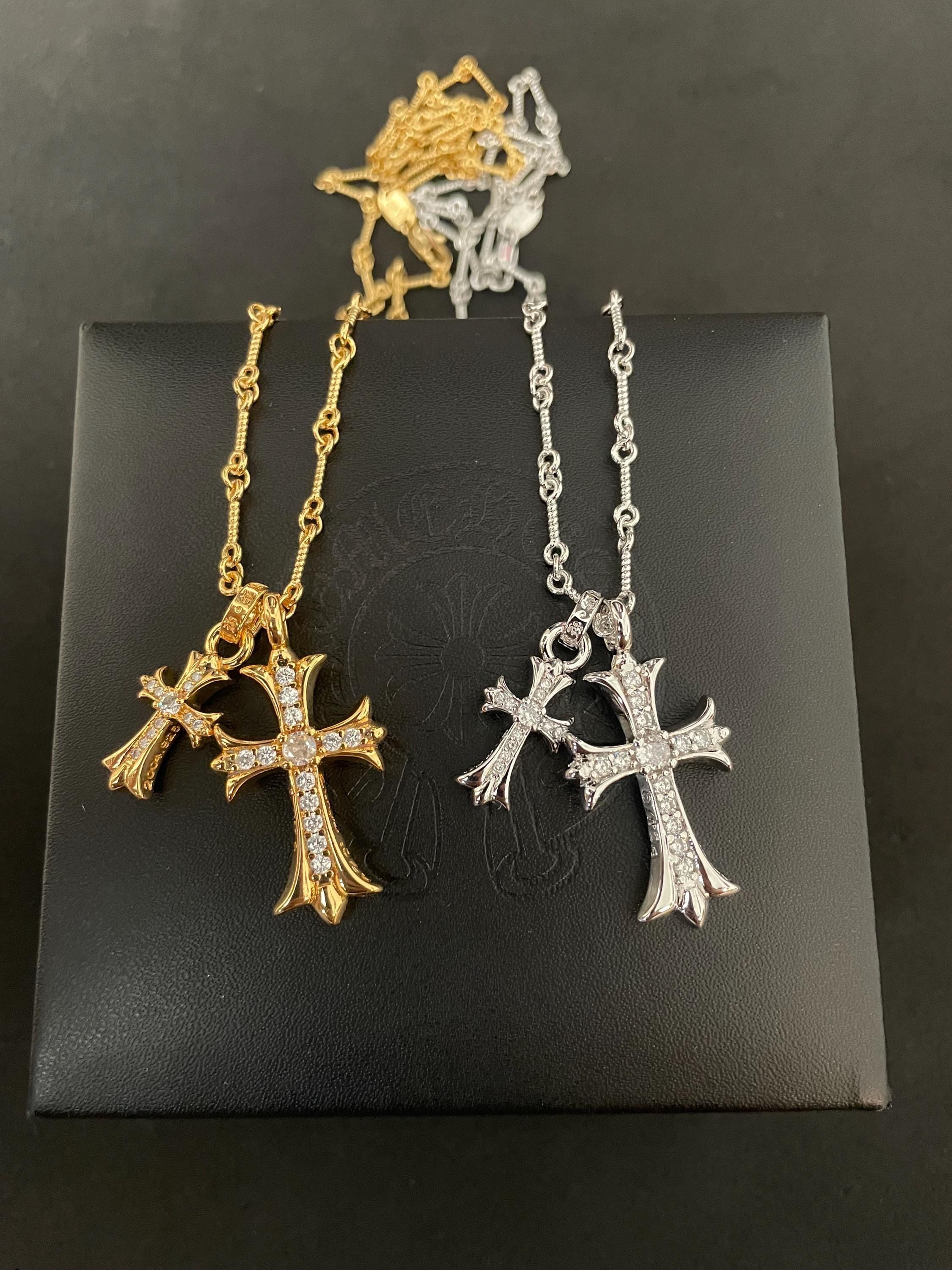Ch diamond gothic style double cross y2k punk chrome silver gold necklace choke chain pendant 23.5in for men and women a13