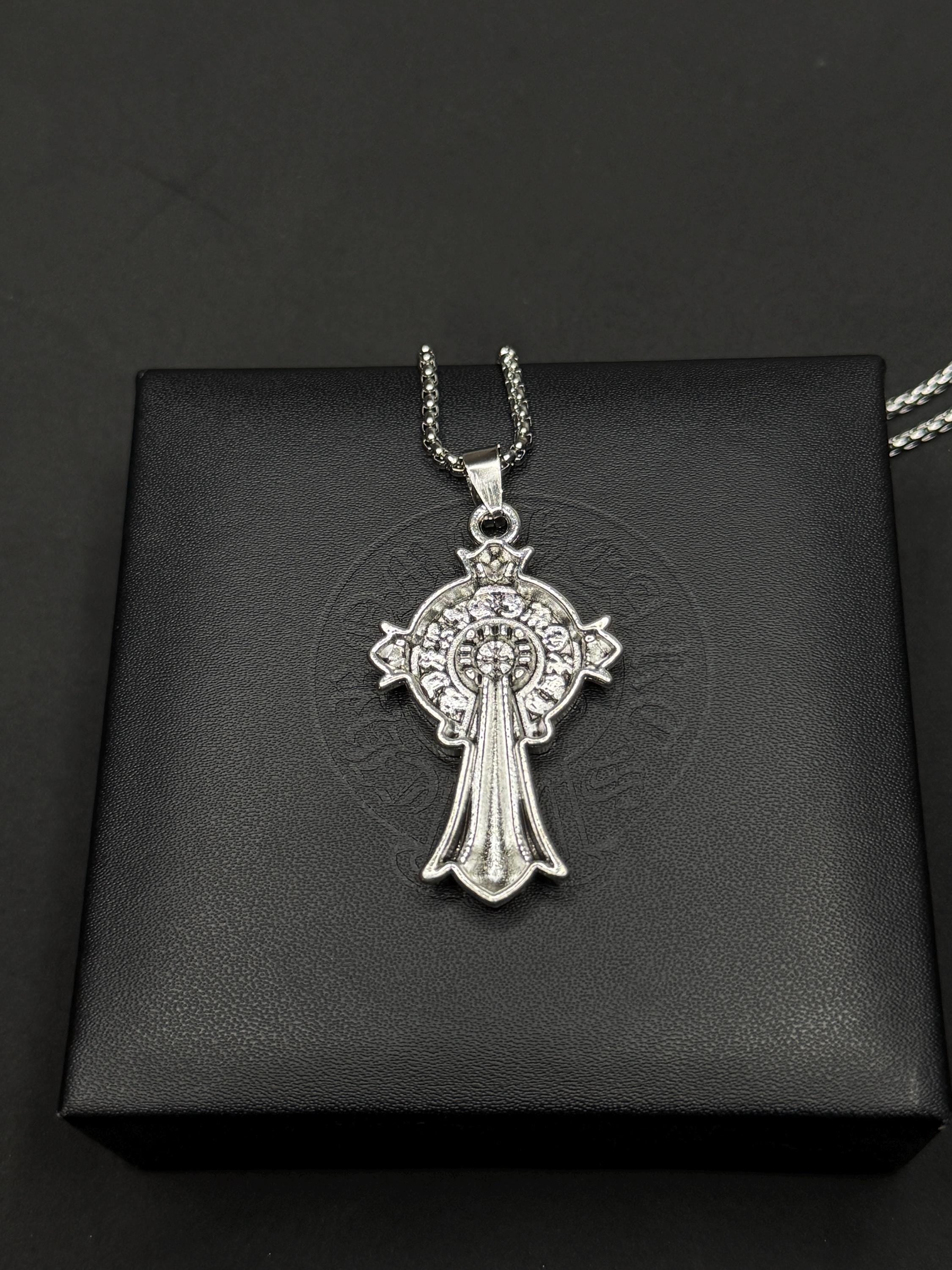 Ch gothic style y2k punk necklace chrome silver long chain pendant lightweight 24in a16