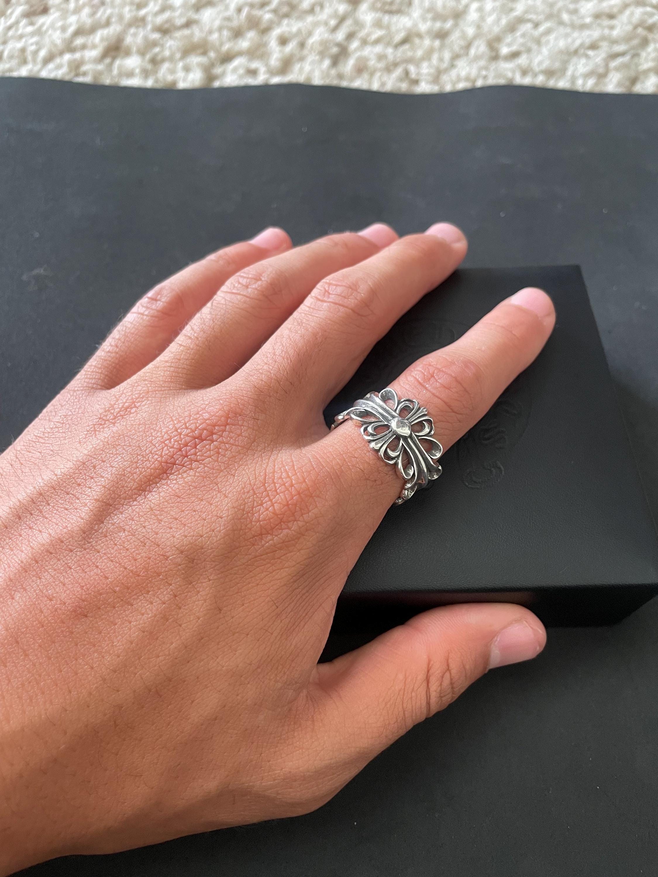 Ch gothic cross style ring y2k chrome silver punk crow croix flower charm chrome grunge adjustable size d5