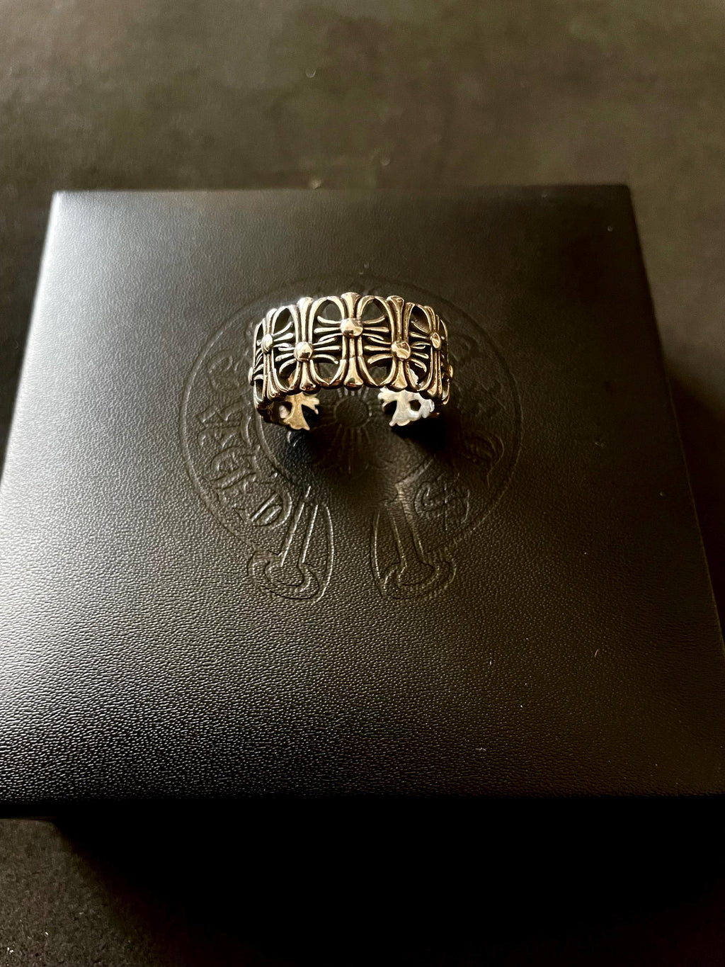 Ch gothic cross style ring y2k chrome silver punk crow croix flower charm chrome grunge adjustable size d1