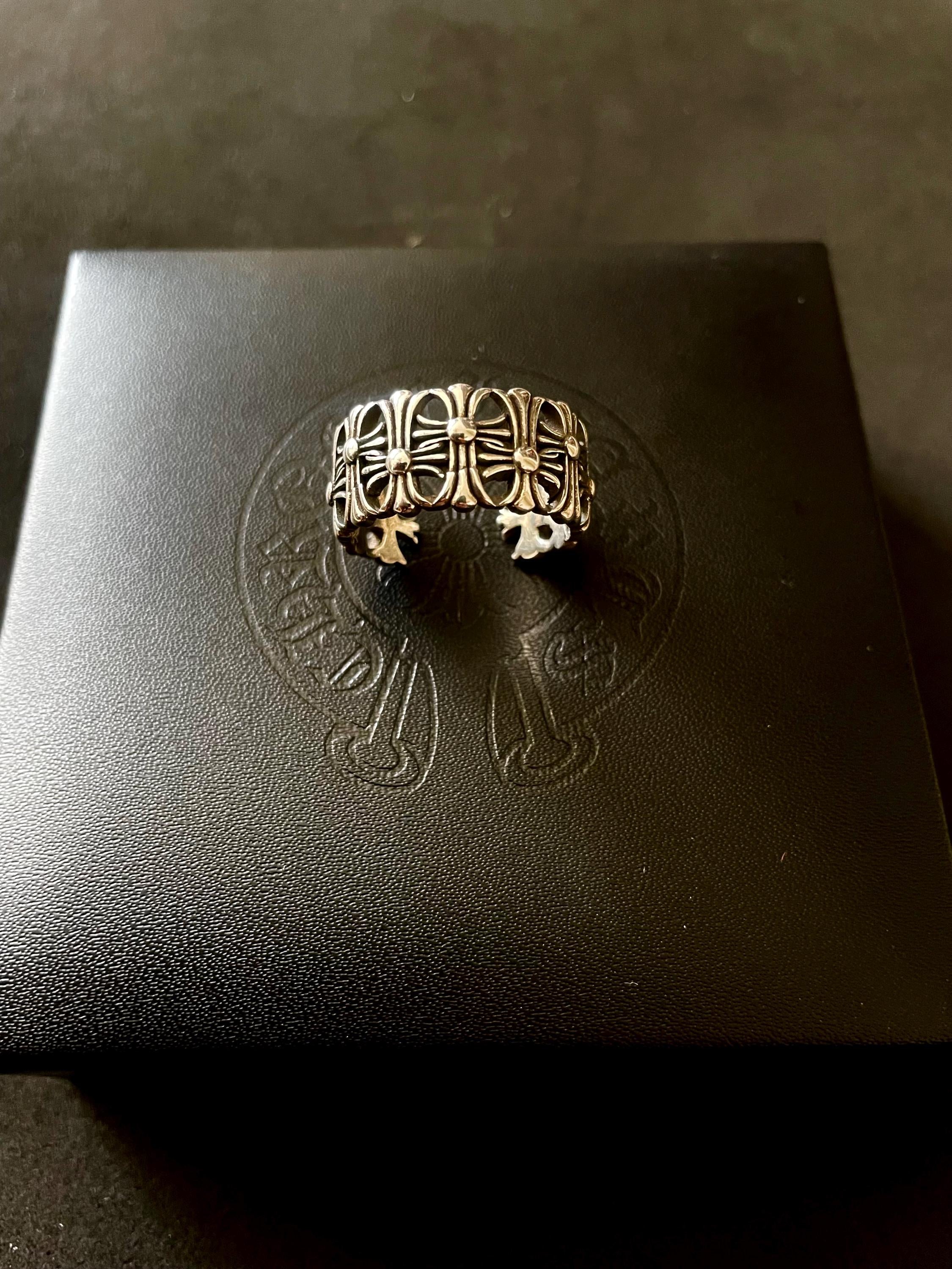 Ch gothic cross style ring y2k chrome silver punk crow croix flower charm chrome grunge adjustable size d1