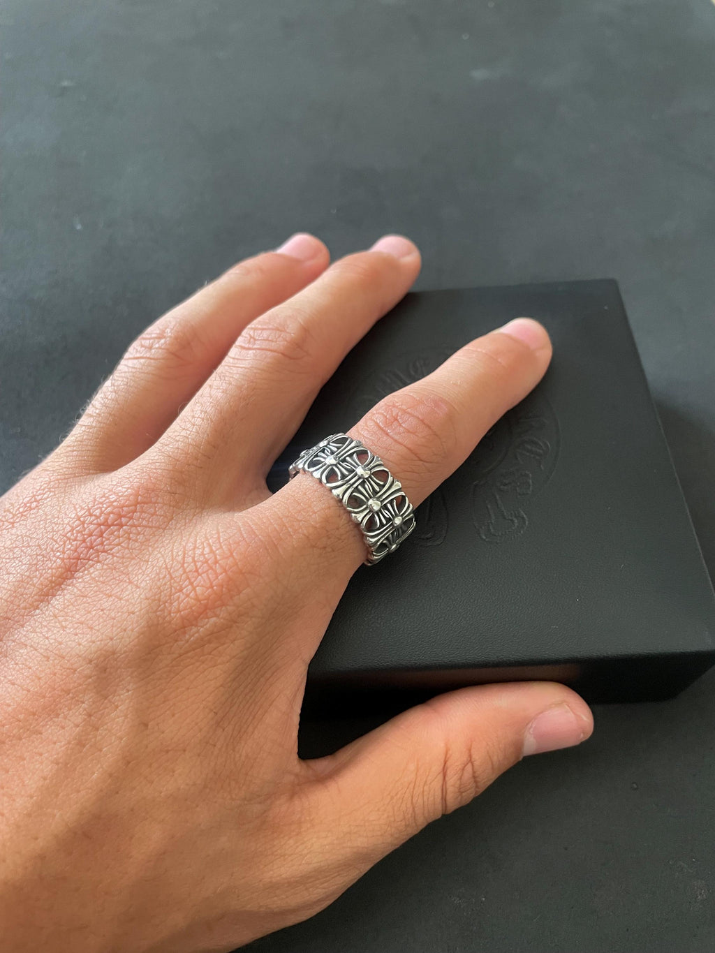 Ch gothic cross style ring y2k chrome silver punk crow croix flower charm chrome grunge adjustable size d1