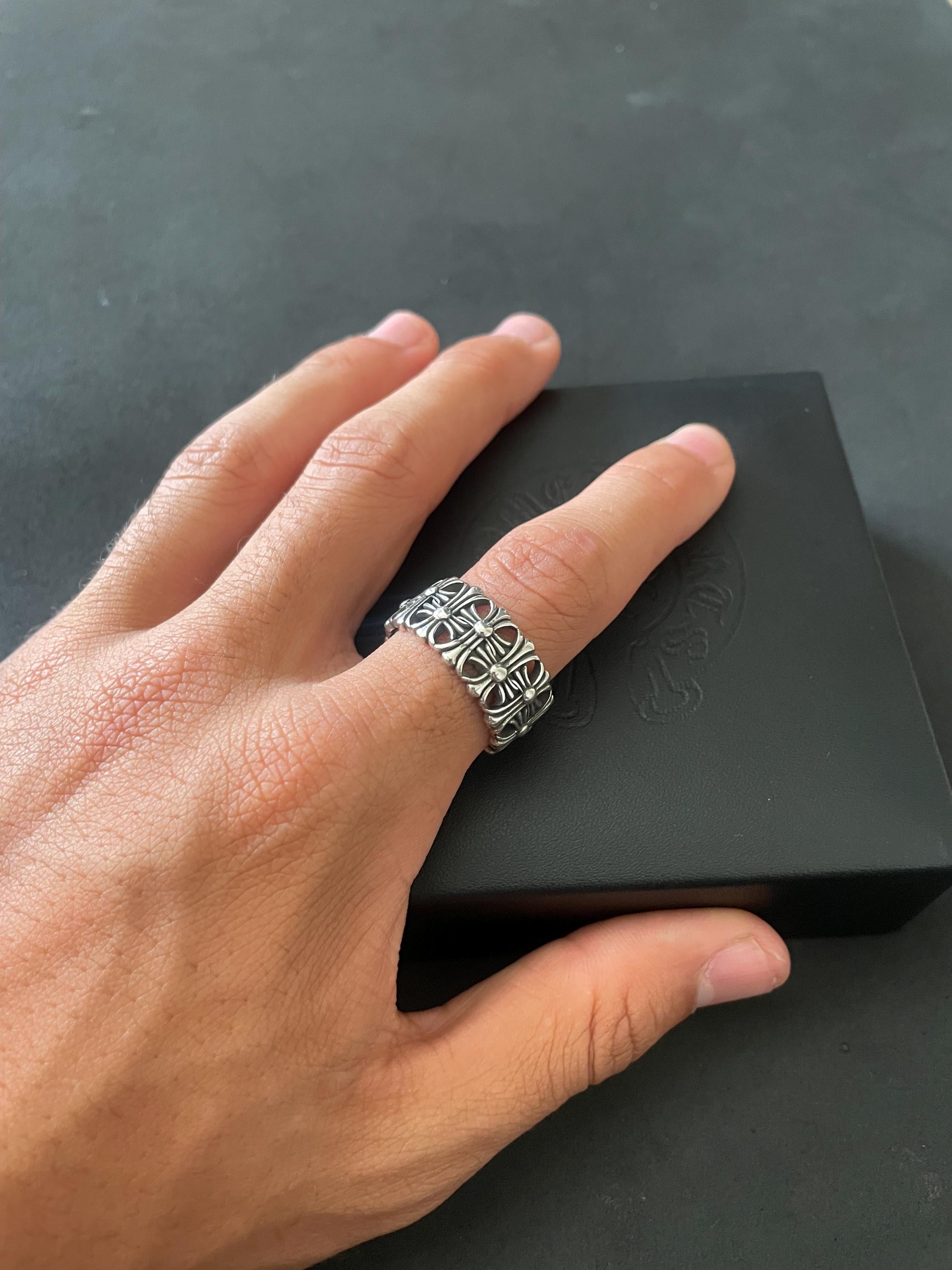 Ch gothic cross style ring y2k chrome silver punk crow croix flower charm chrome grunge adjustable size d1