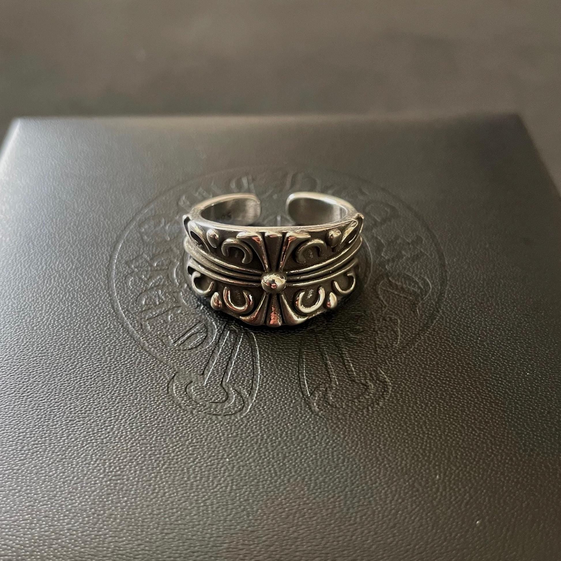 Ch gothic style ring y2k chrome silver punk crow croix flower charm chrome grunge adjustable size d3