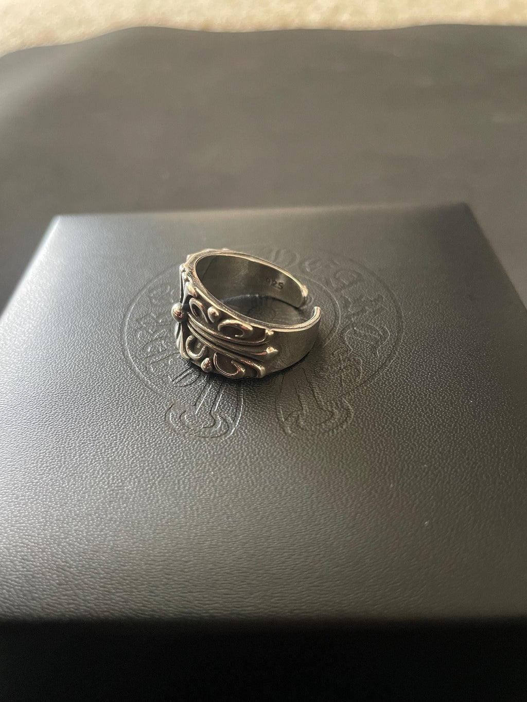 Ch gothic style ring y2k chrome silver punk crow croix flower charm chrome grunge adjustable size d3