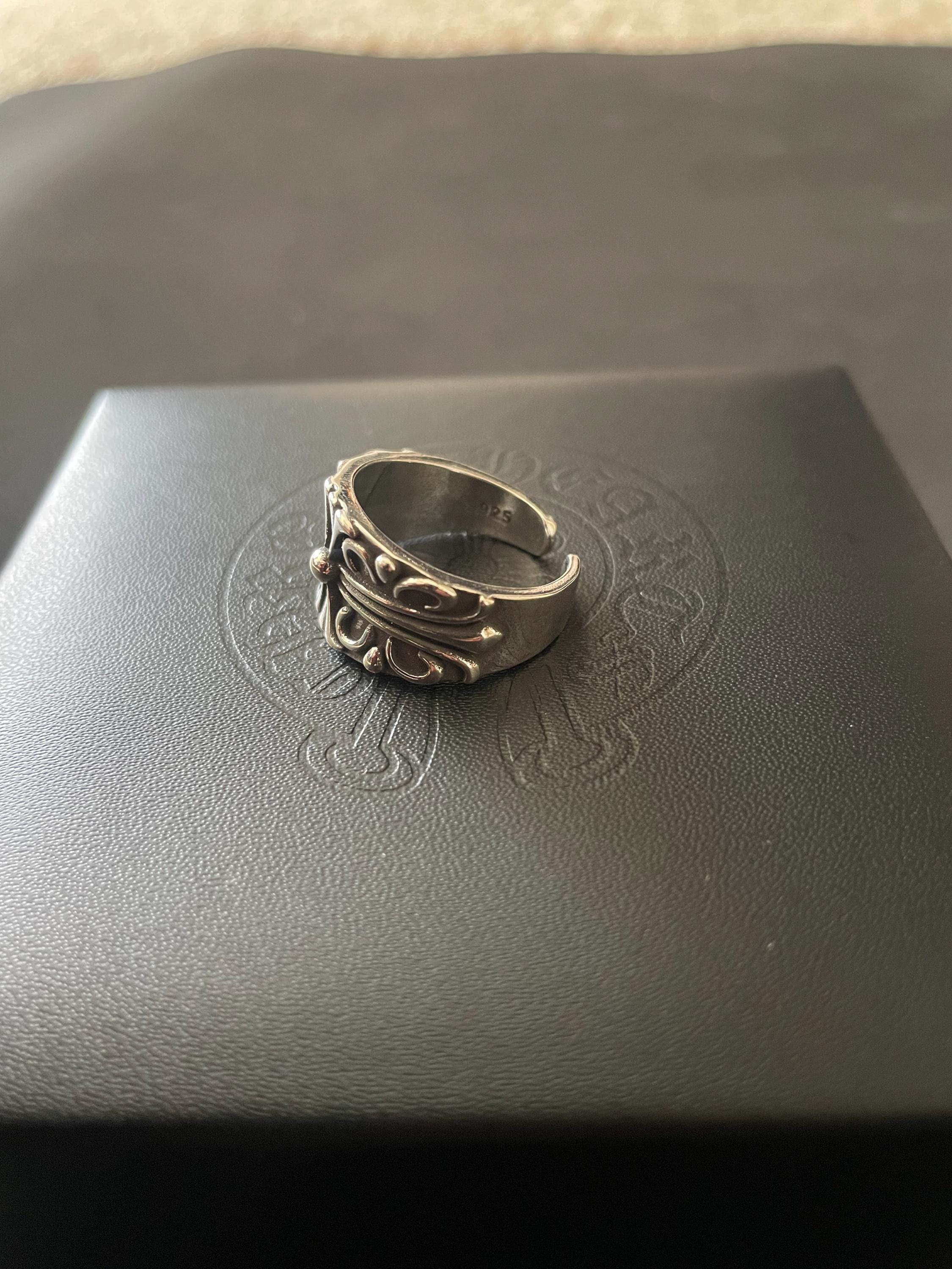 Ch gothic style ring y2k chrome silver punk crow croix flower charm chrome grunge adjustable size d3