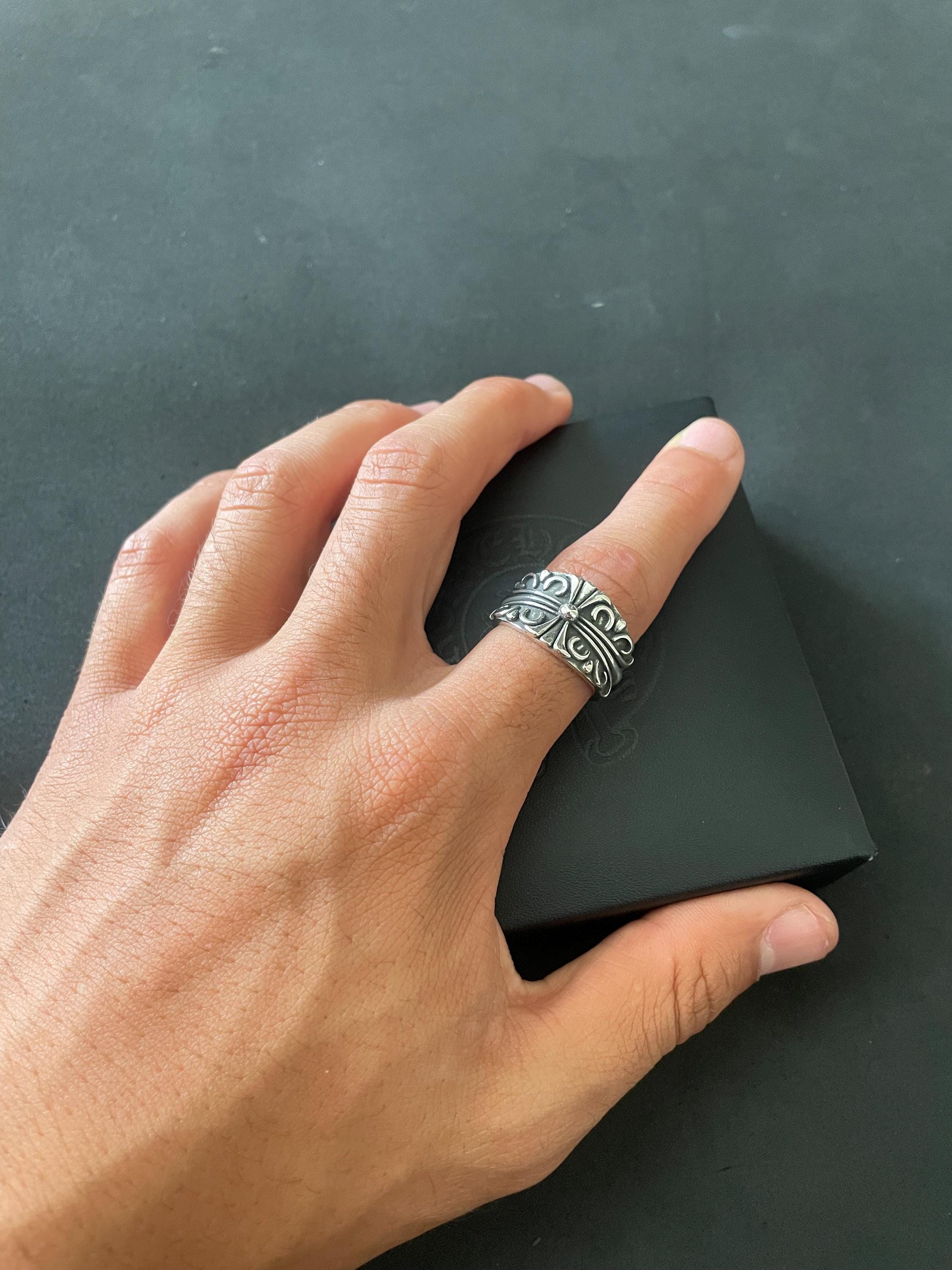 Ch gothic style ring y2k chrome silver punk crow croix flower charm chrome grunge adjustable size d3