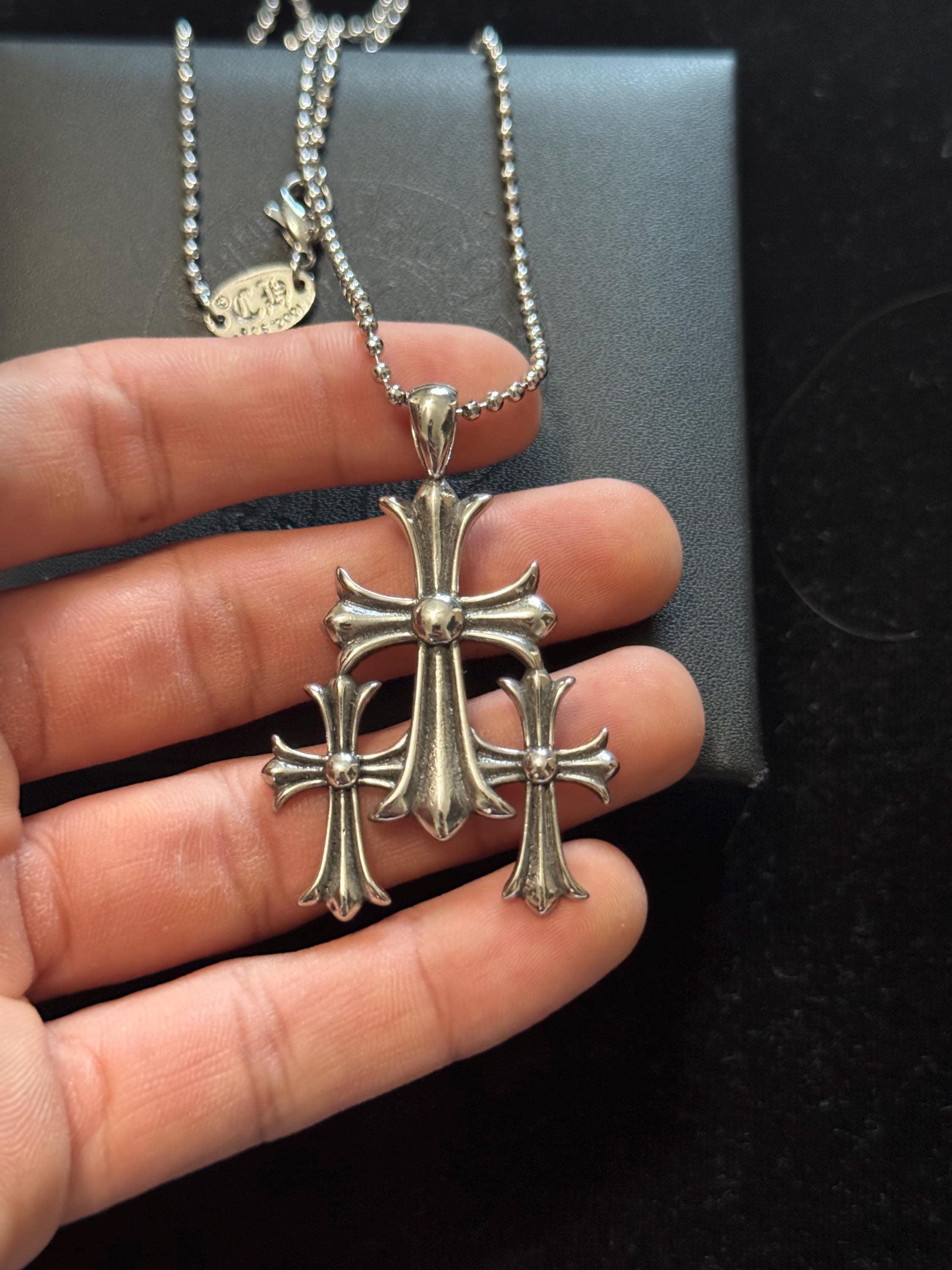 Ch gothic style y2k punk triple cross necklace chrome silver chain pendant 24in for men and women unisex a12