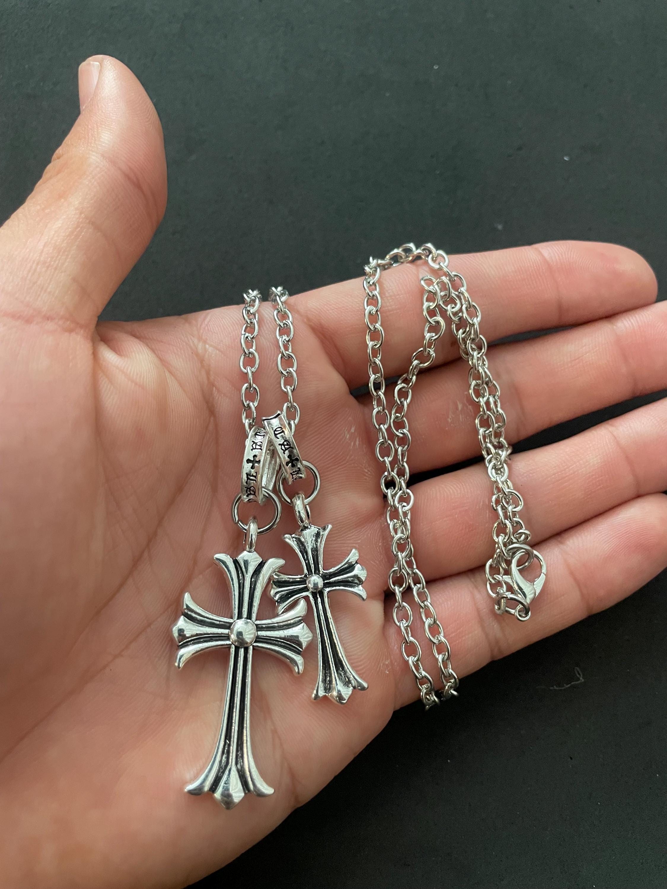 Ch gothic style y2k punk charm double cross necklace chrome silver choke chain pendant lightweight 24in a4