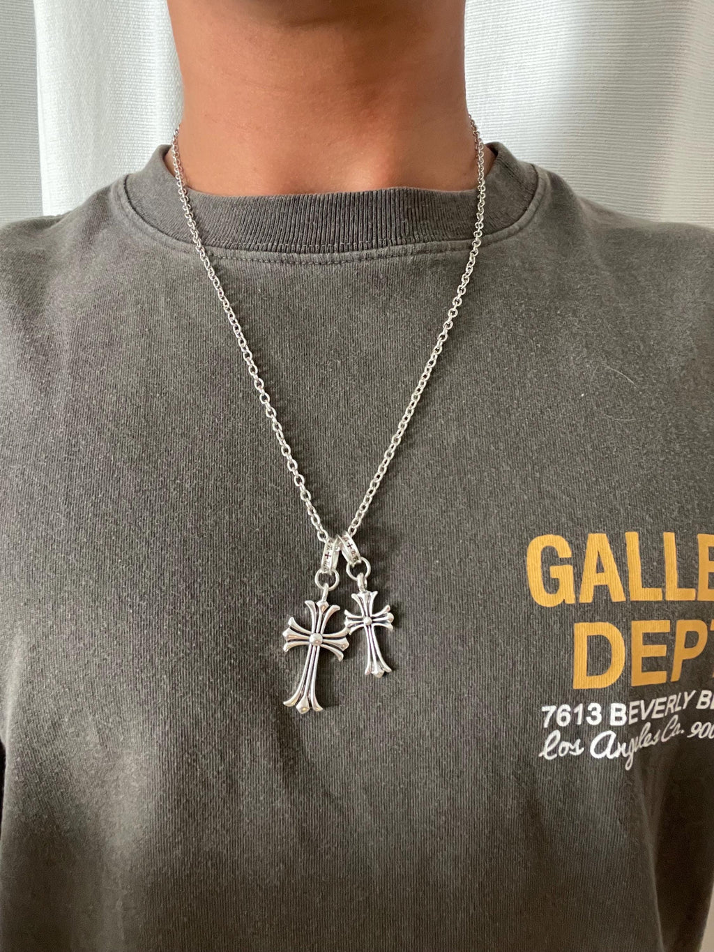 Ch gothic style y2k punk charm double cross necklace chrome silver choke chain pendant lightweight 24in a4