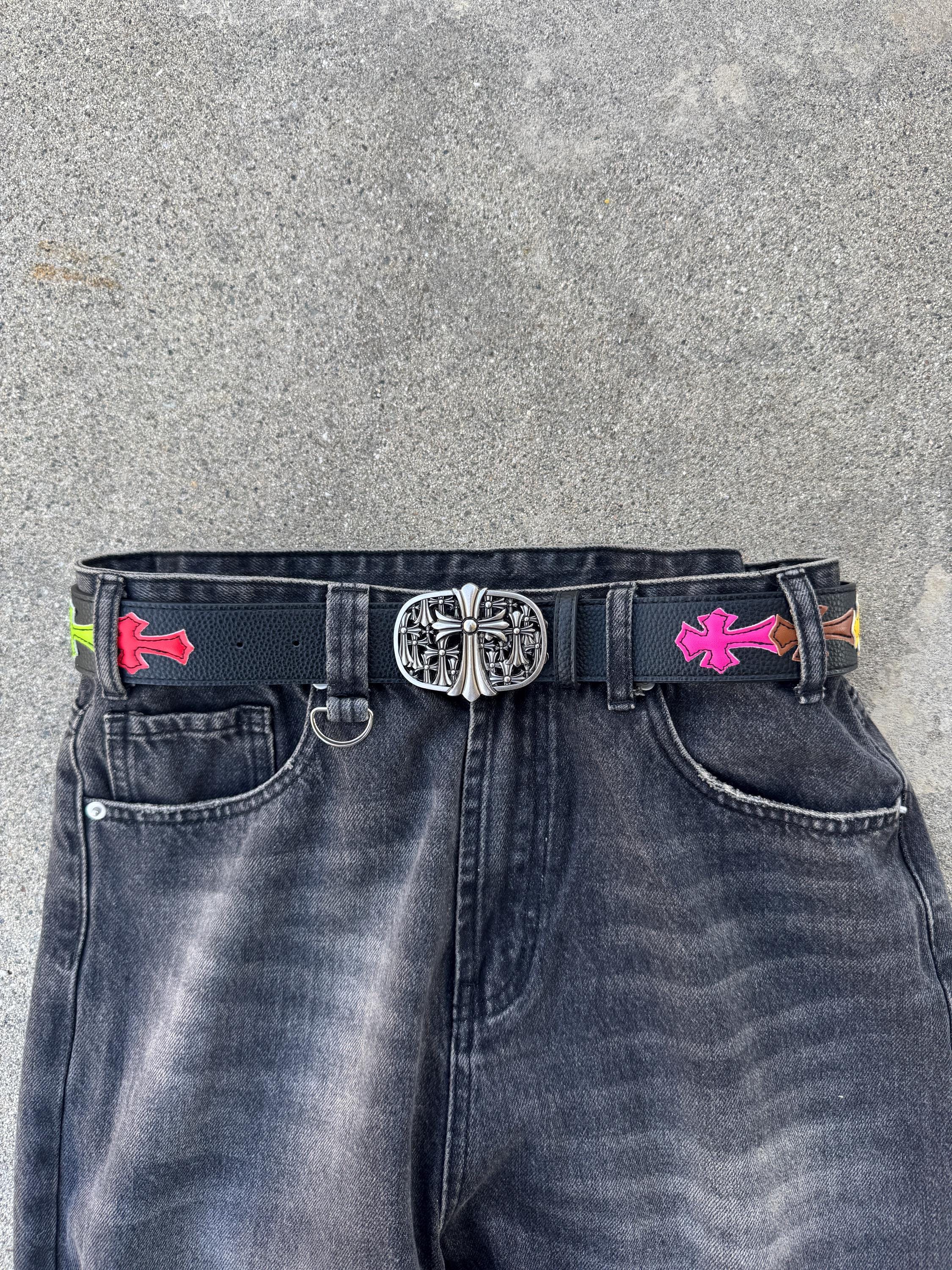 Ch gothic style belt y2k cemetery leather crosses grunge emo goth style steel chrome e1