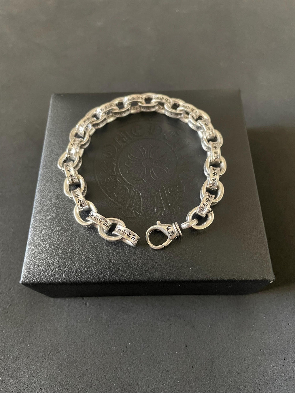 Ch style y2k punk chrome silver bracelet engraved gothic b7