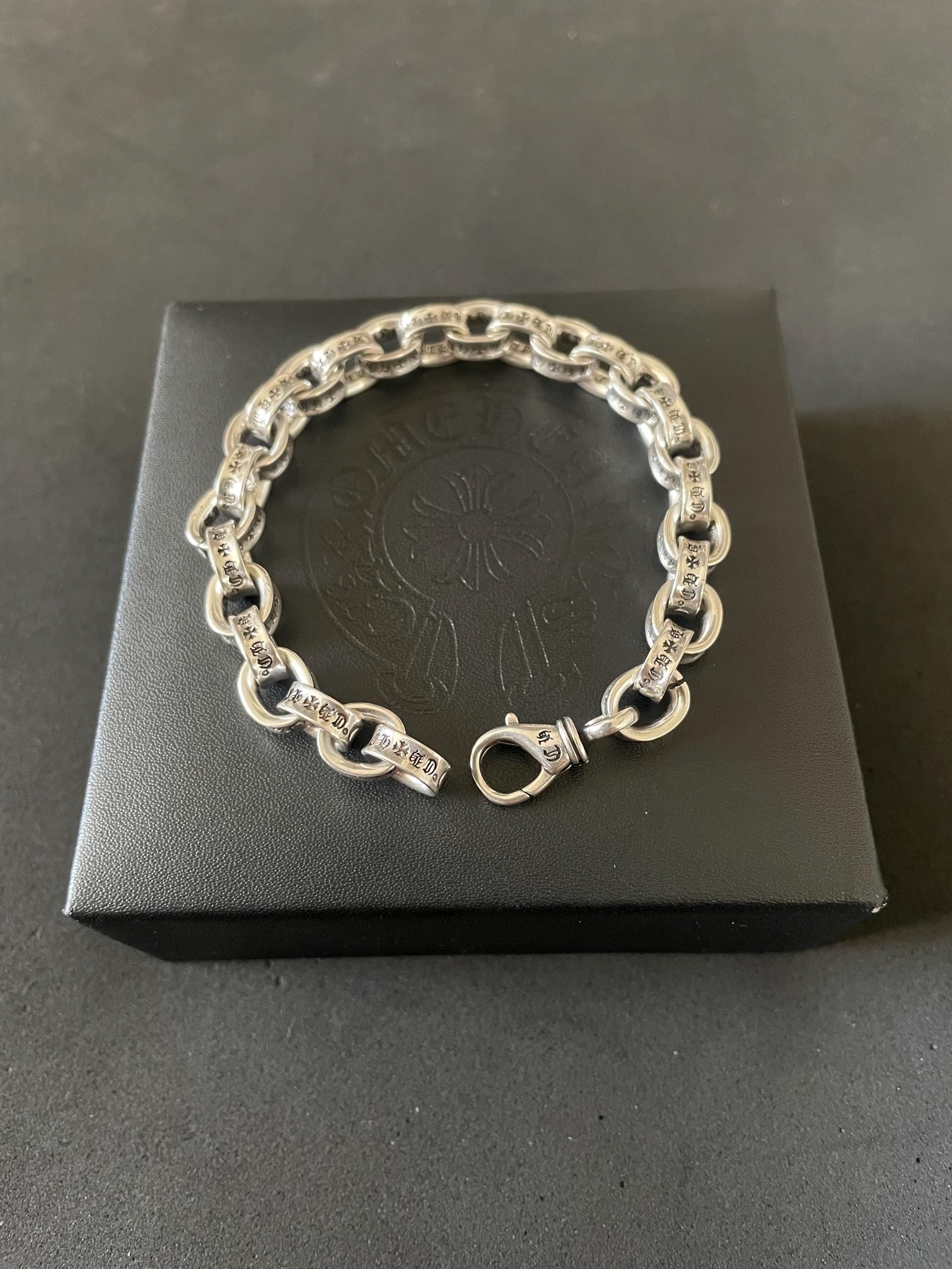 Ch style y2k punk chrome silver bracelet engraved gothic b7