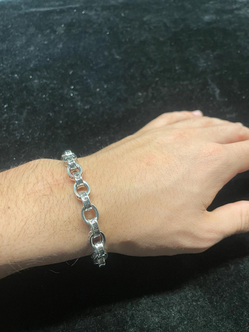 Ch style y2k punk chrome silver bracelet engraved gothic b7