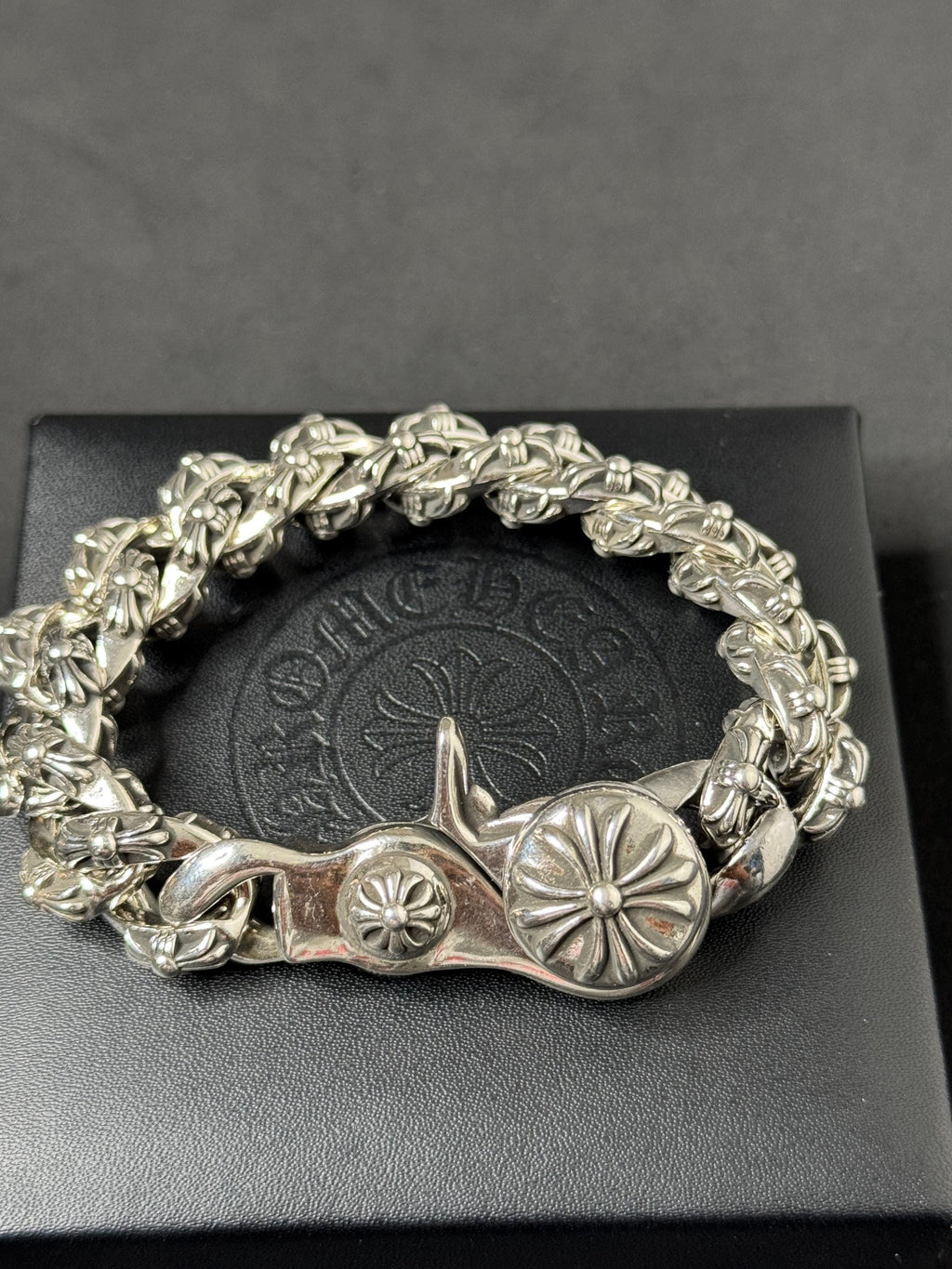 Ch gothic style y2k chrome silver punk engraved thick chrome bracelet grunge b9