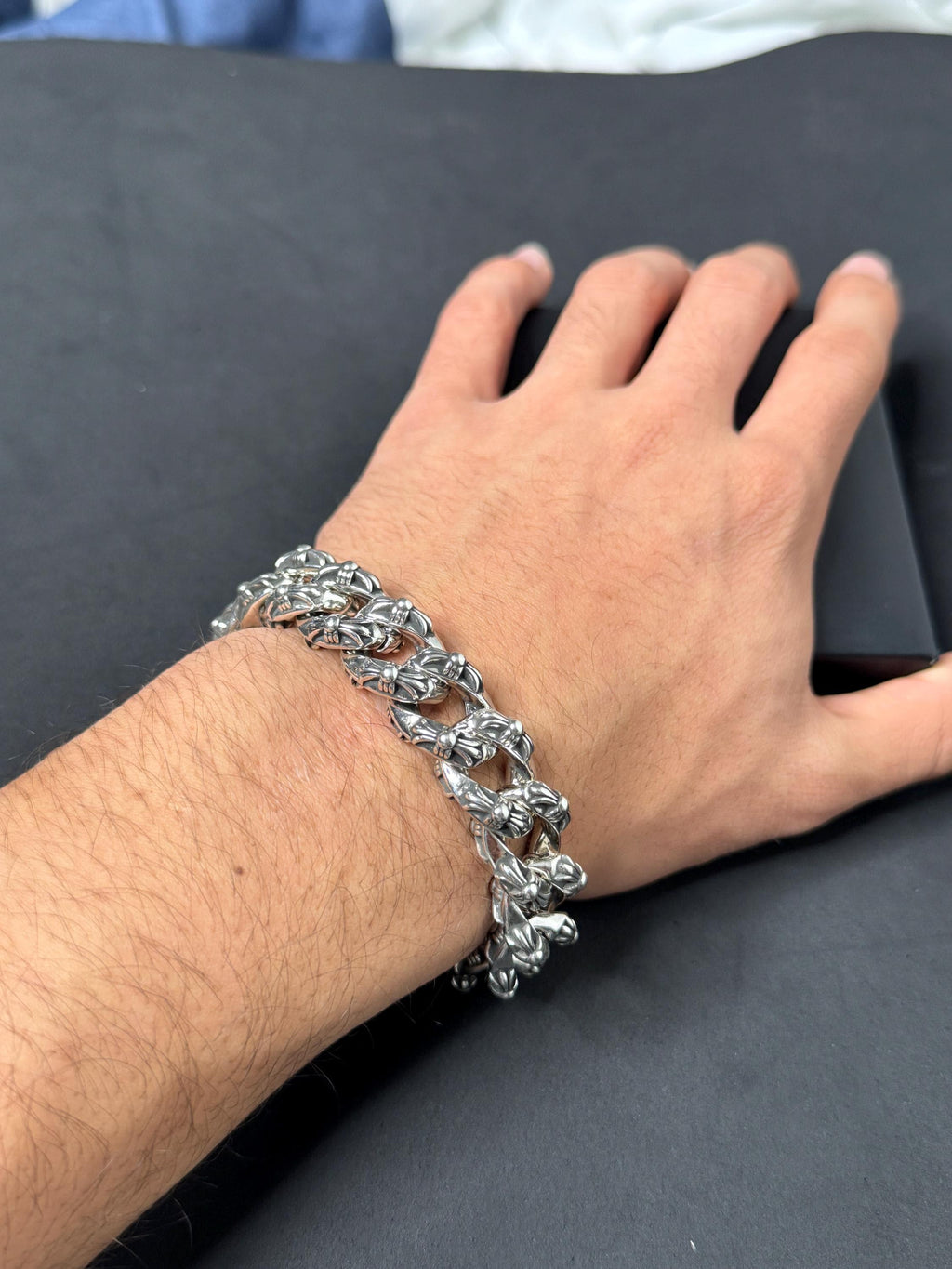 Ch gothic style y2k chrome silver punk engraved thick chrome bracelet grunge b9