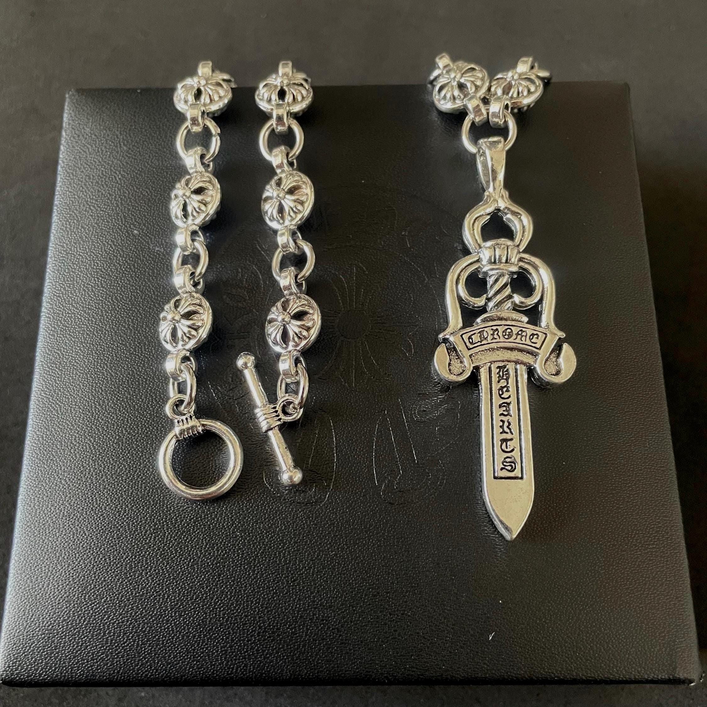 Ch gothic style sword y2k punk chrome silver necklace choke chain pendant heavy 20in a5