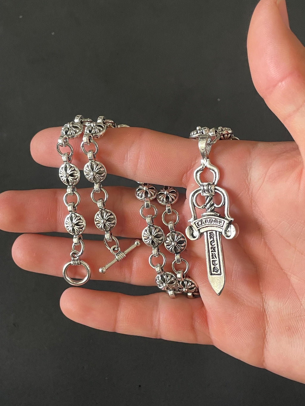 Ch gothic style sword y2k punk chrome silver necklace choke chain pendant heavy 20in a5