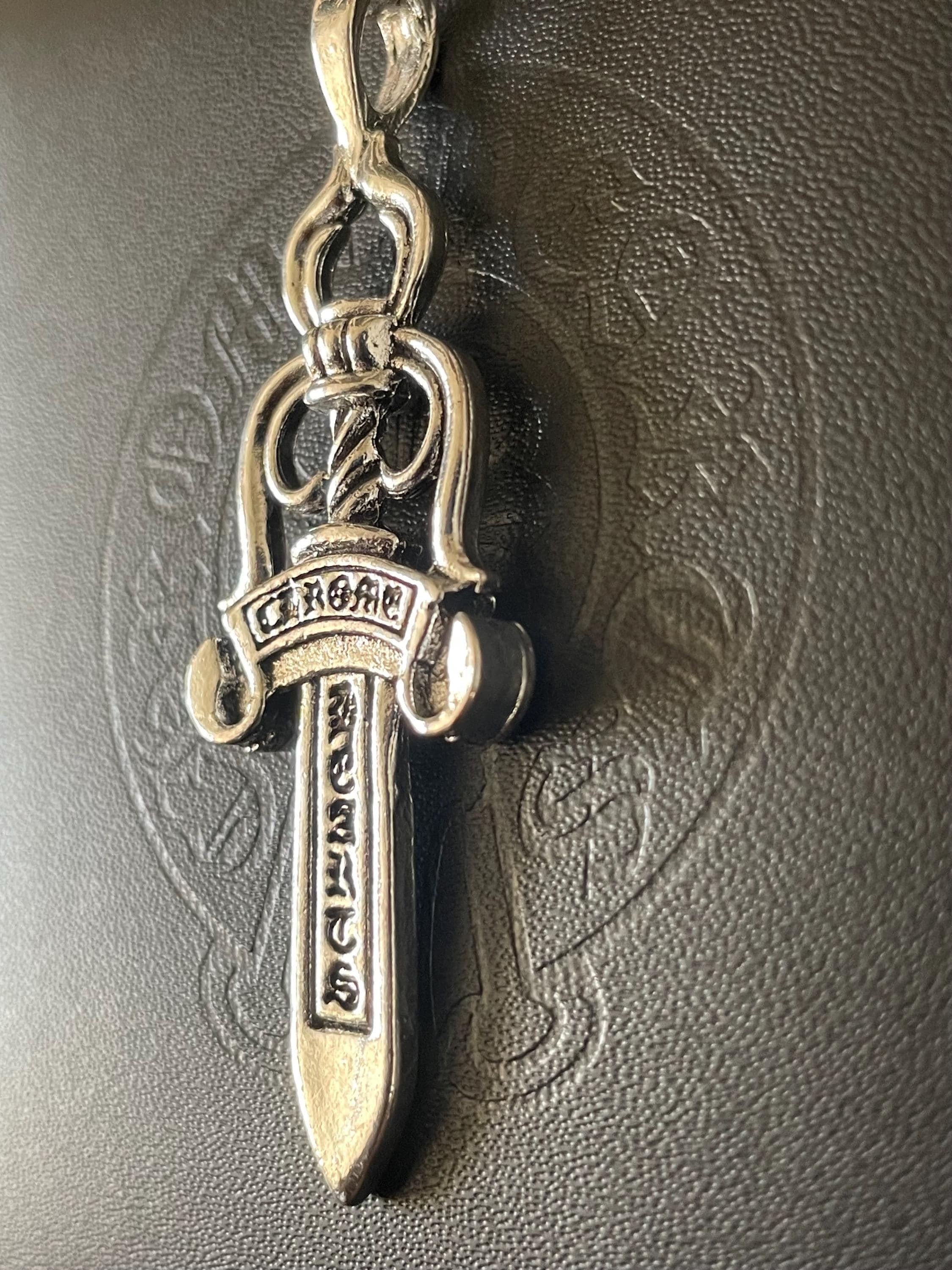 Ch gothic style sword y2k punk chrome silver necklace choke chain pendant heavy 20in a5