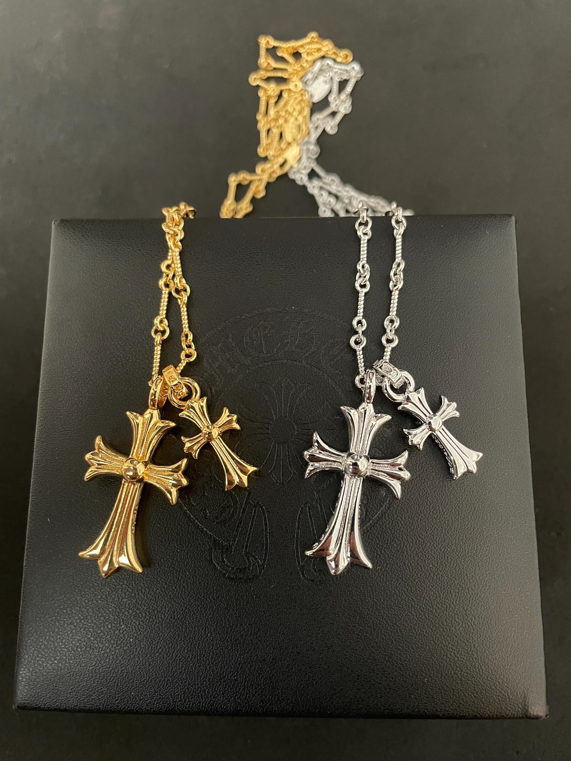 Ch diamond gothic style double cross y2k punk chrome silver gold necklace choke chain pendant 23.5in for men and women a13