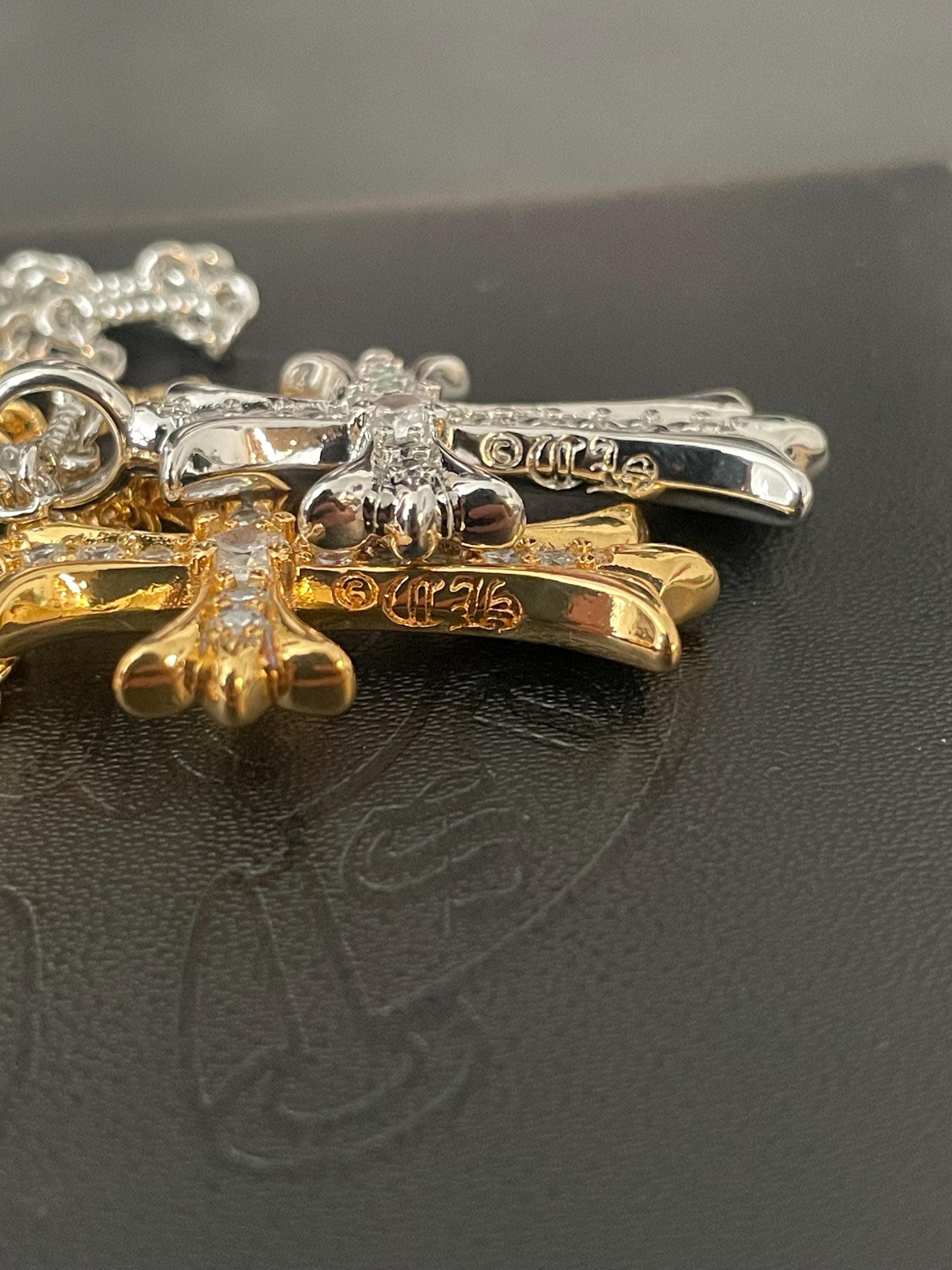 Ch diamond gothic style double cross y2k punk chrome silver gold necklace choke chain pendant 23.5in for men and women a13