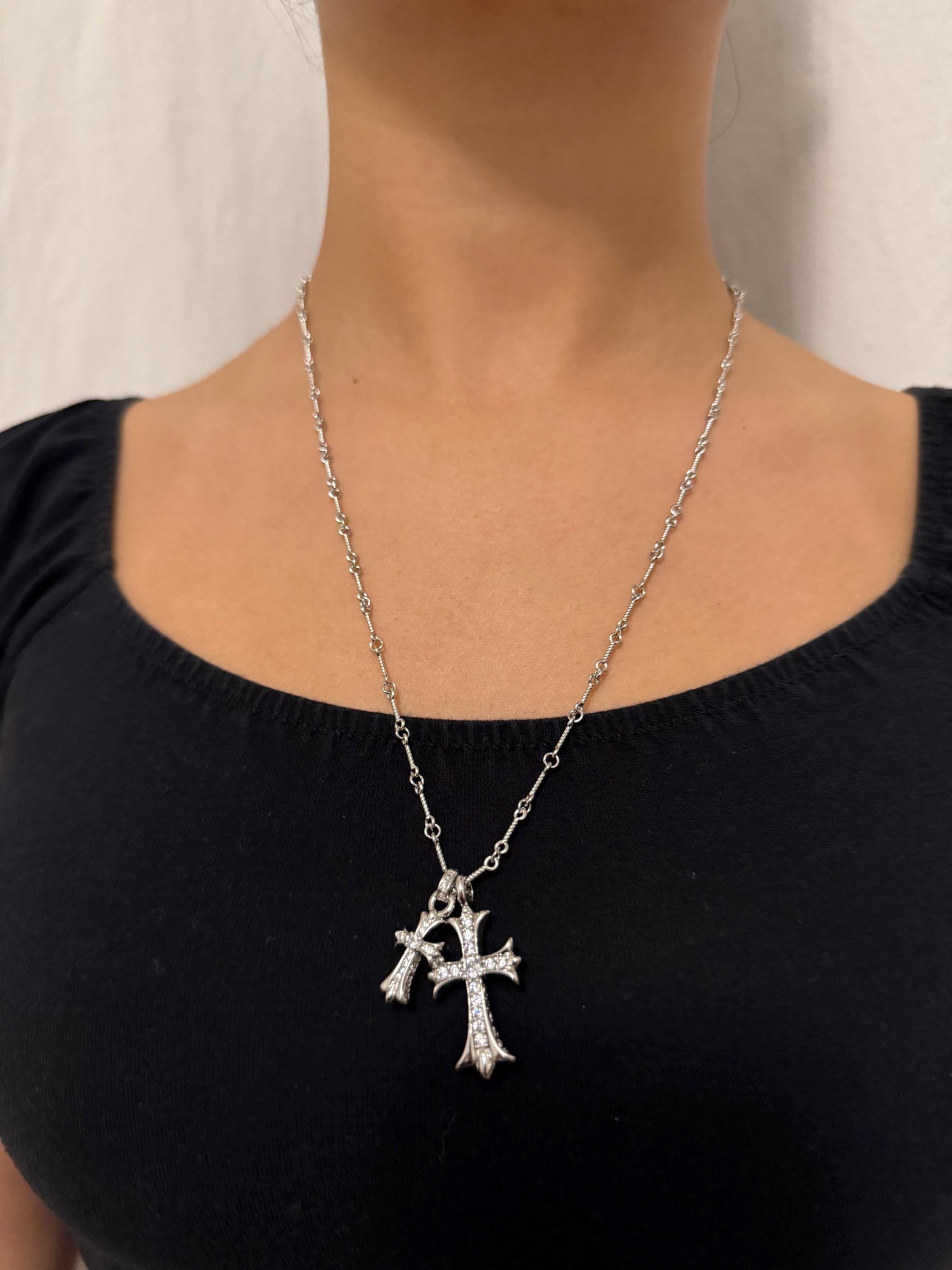 Ch diamond gothic style double cross y2k punk chrome silver gold necklace choke chain pendant 23.5in for men and women a13