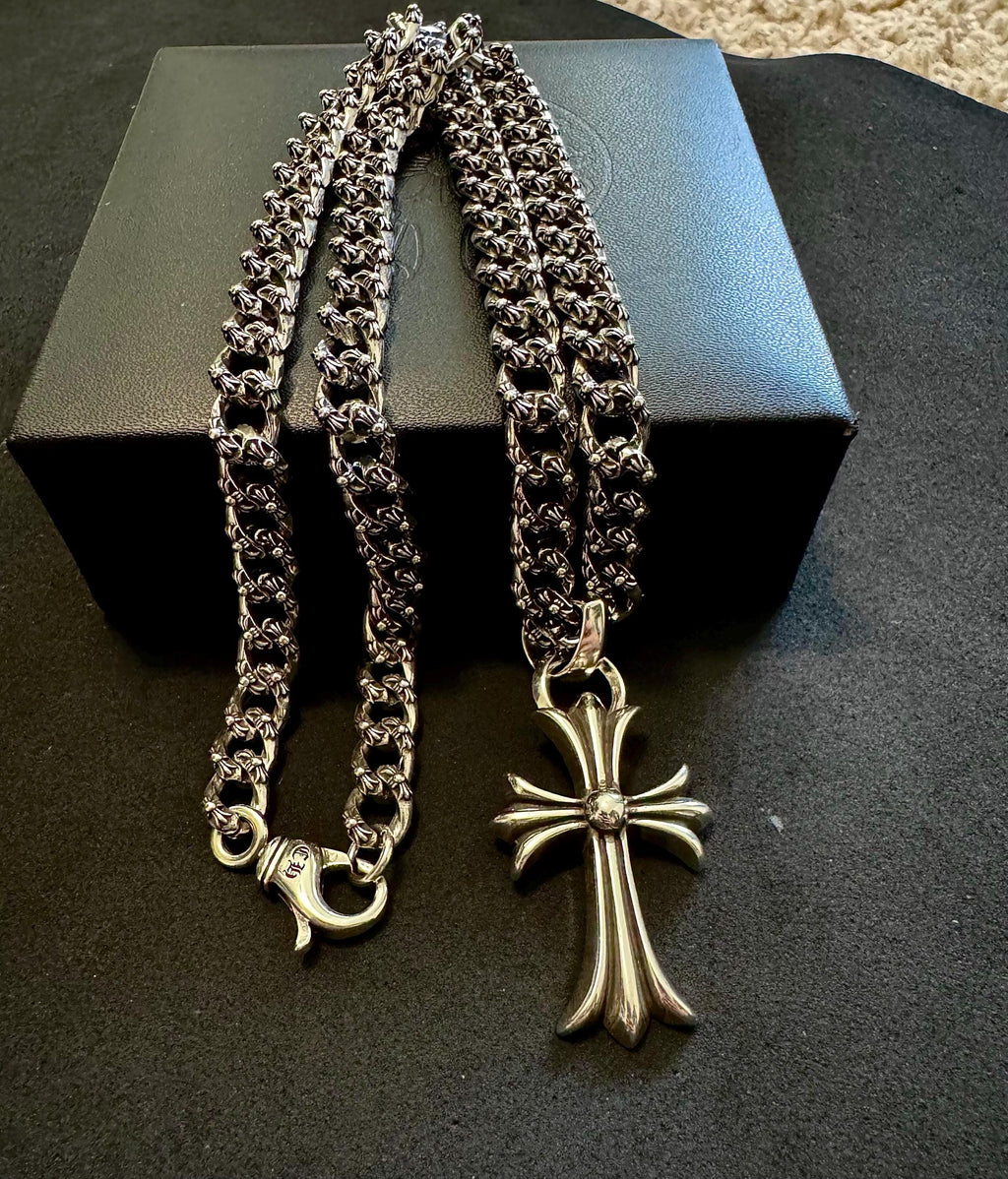 Ch gothic style y2k cuban link cross necklace chrome .925 silver chain pendant 20in for men and women unisex a7