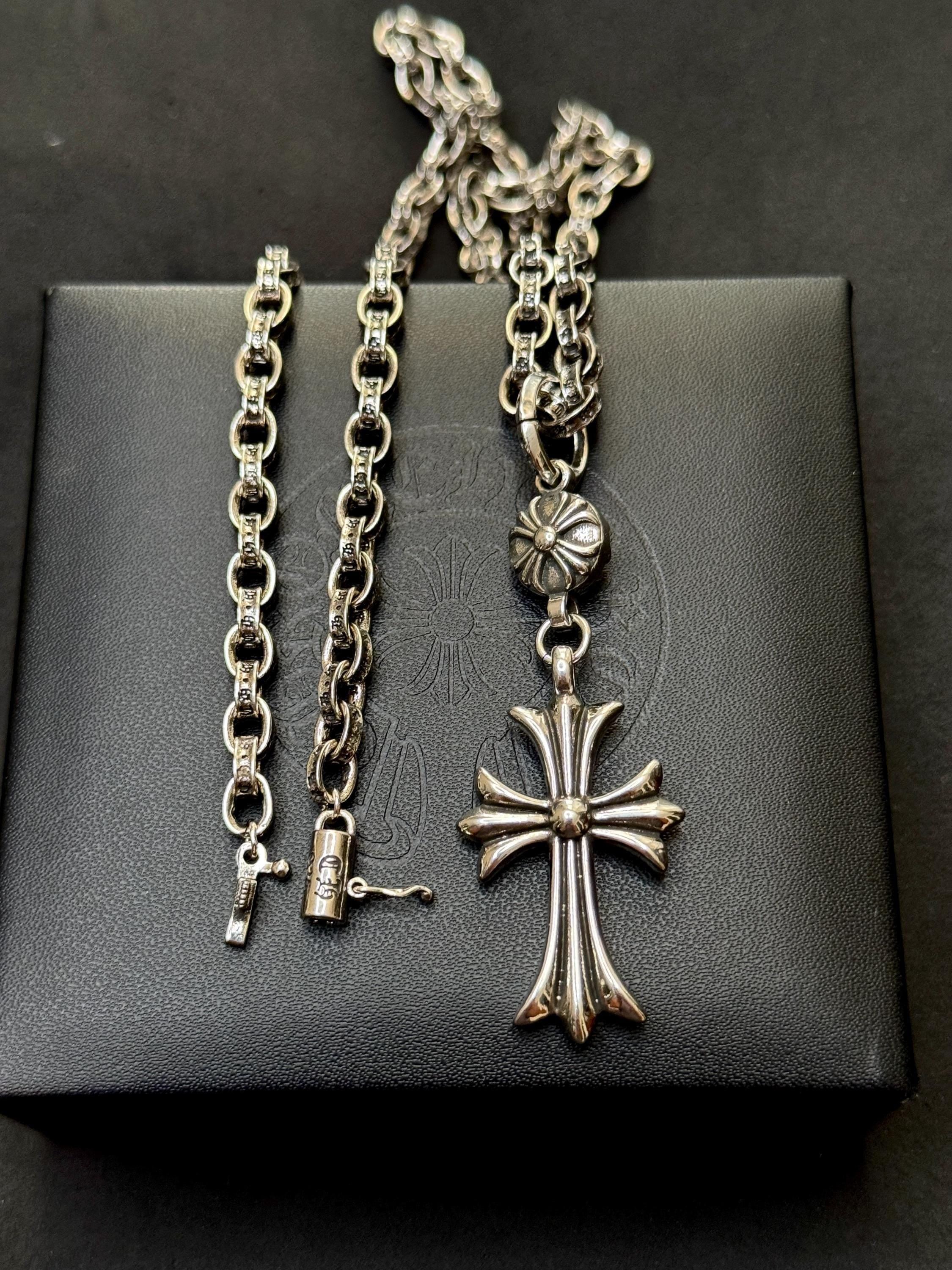 Ch gothic style y2k cross pendant engraved necklace chrome .925 silver chain pendant 24in for men and women unisex a25