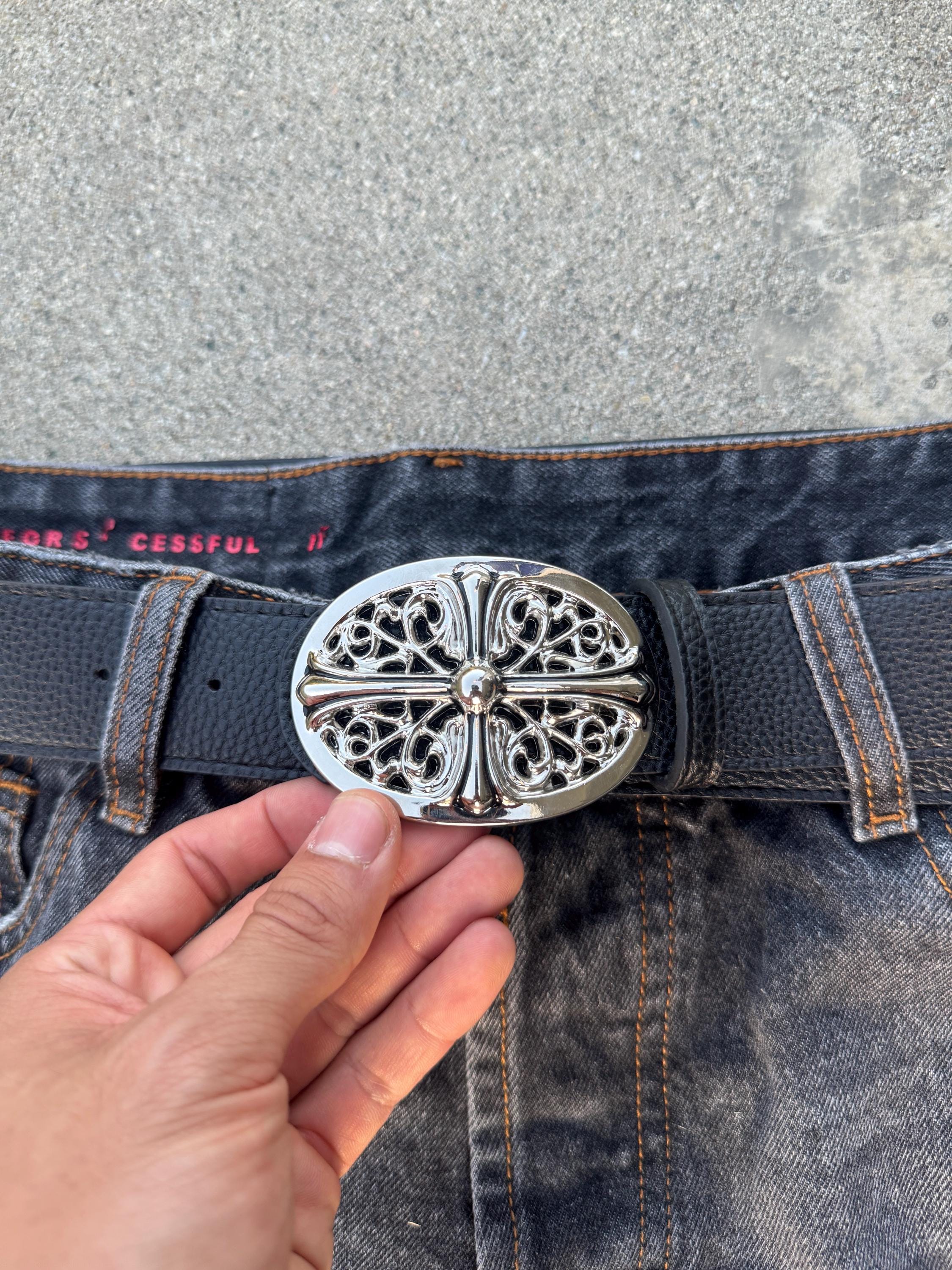 CH grunge silver stud belt leather crosses patch punk Y2K chrome silver e2