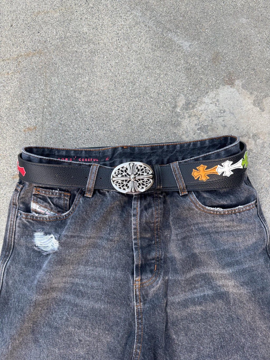 CH grunge silver stud belt leather crosses patch punk Y2K chrome silver e2