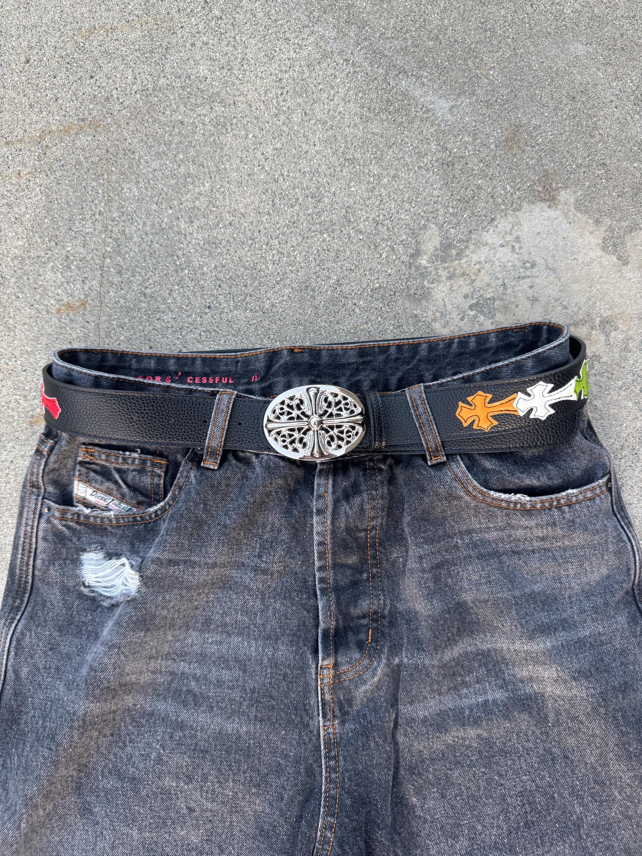 CH grunge silver stud belt leather crosses patch punk Y2K chrome silver e2