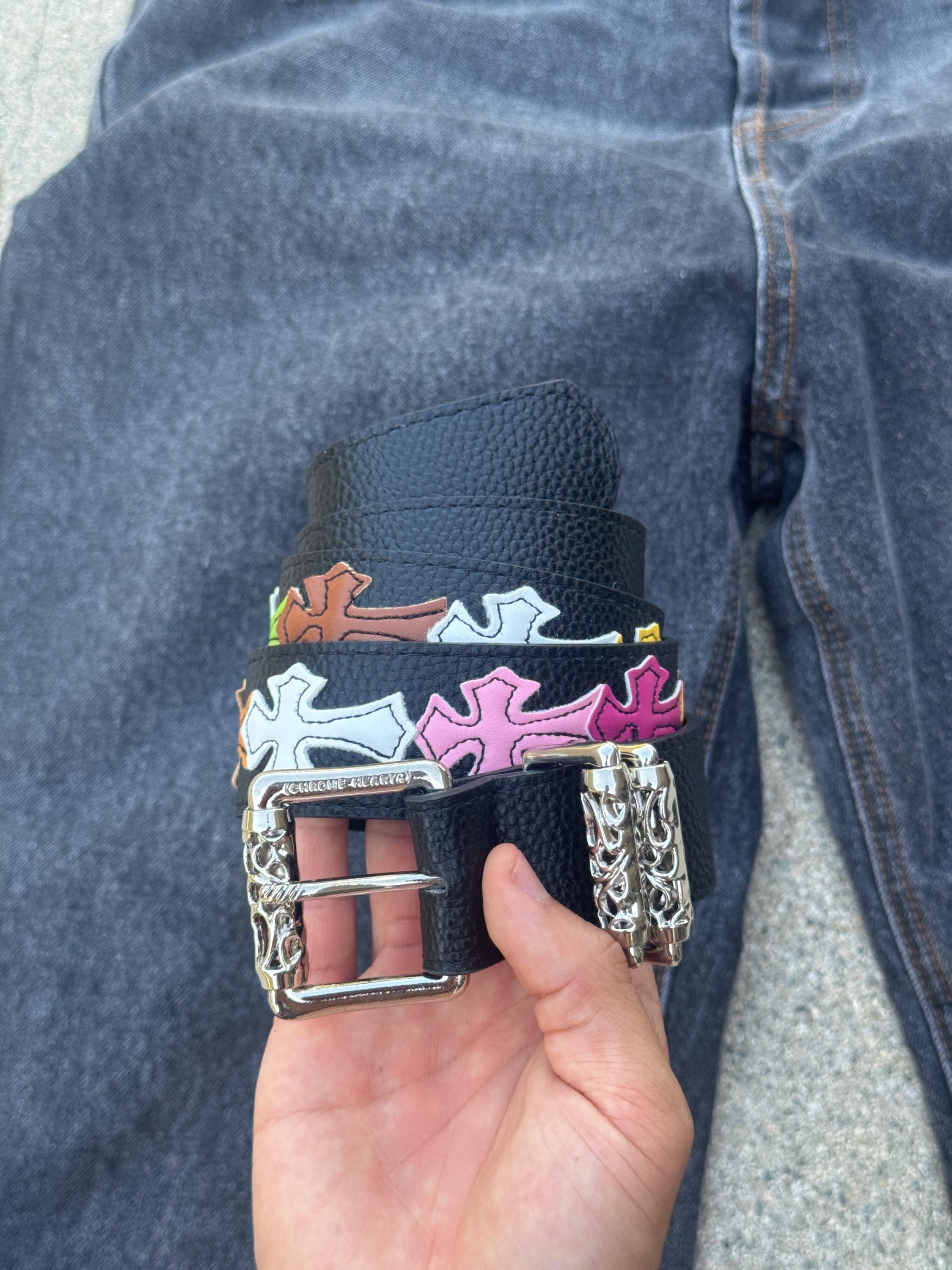 CH grunge silver roller belt leather crosses patch punk Y2K chrome silver e3