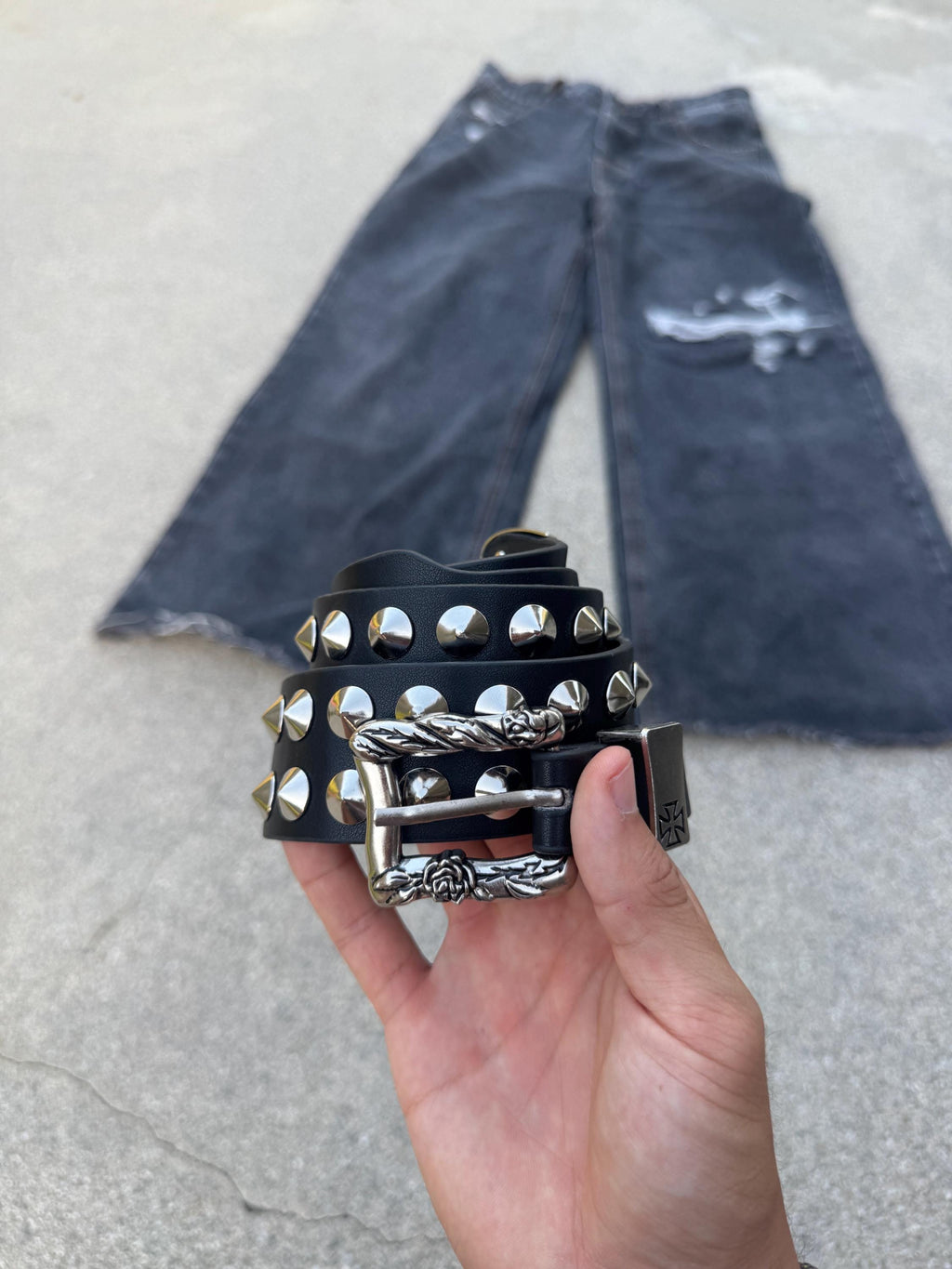 Y2K grunge silver stud belt leather punk silver e5