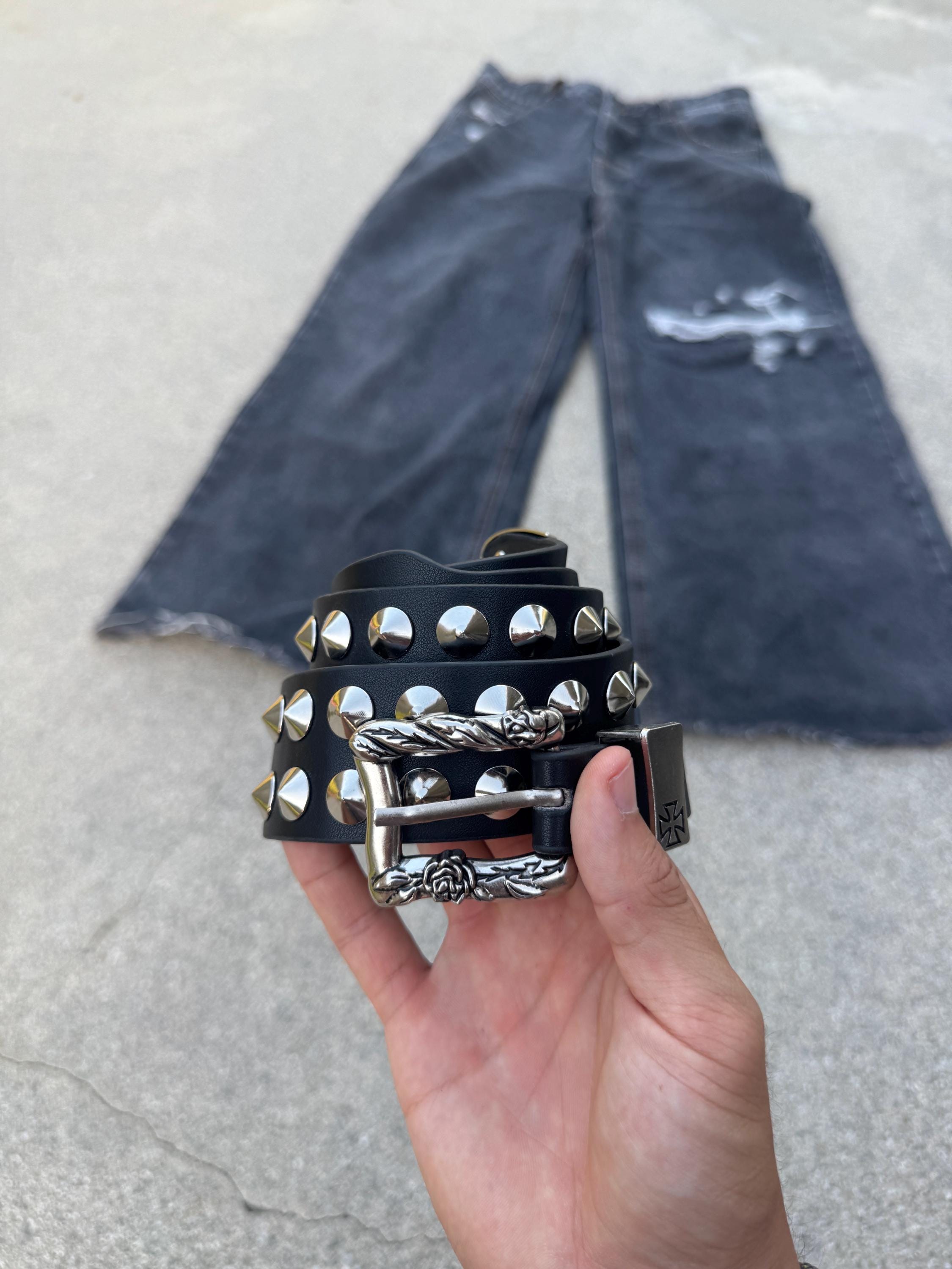 Y2K grunge silver stud belt leather punk silver e5