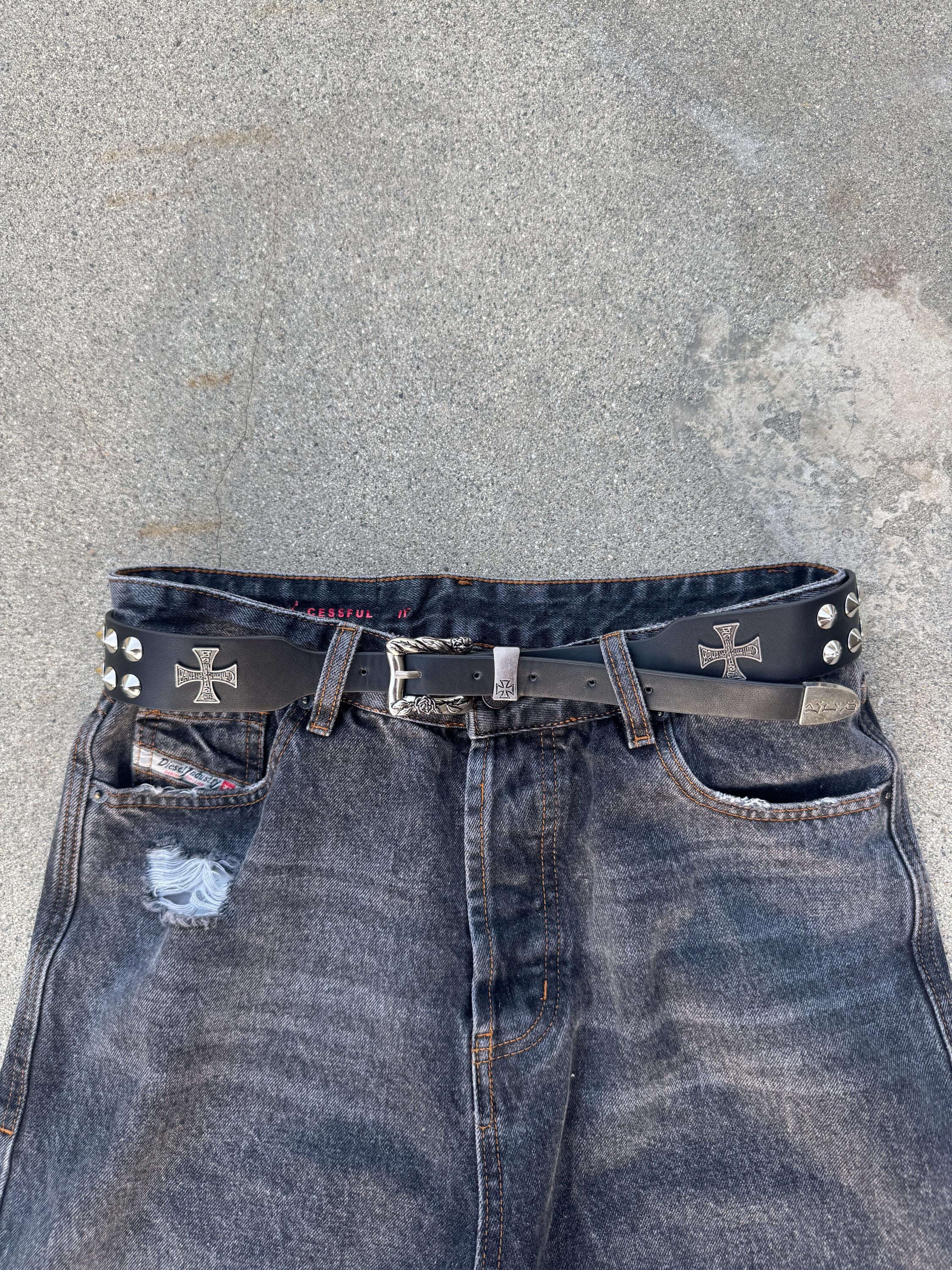 Y2K grunge silver stud belt leather punk silver e5