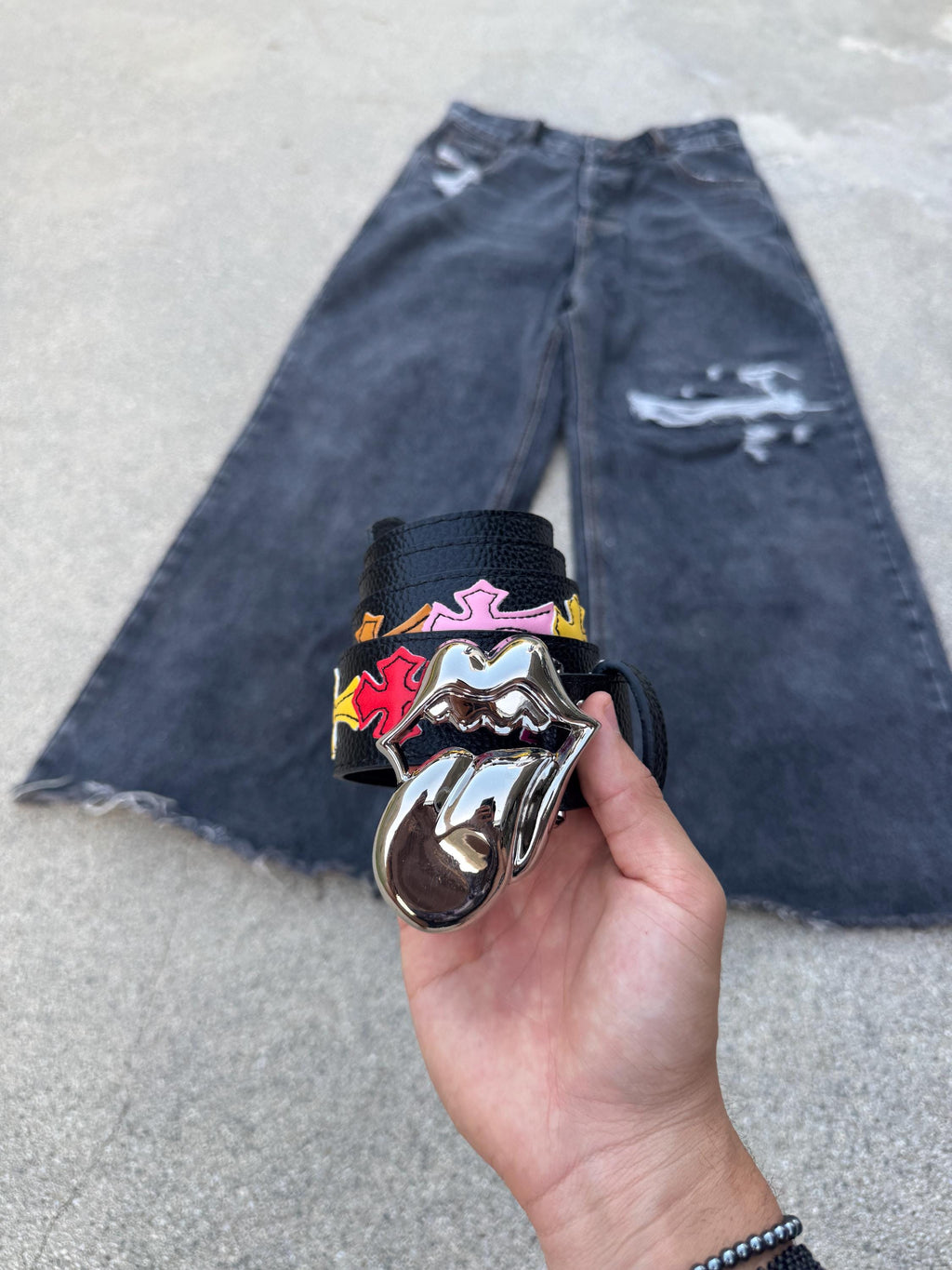 CH grunge silver Rolling Stones tounge belt leather crosses patch punk Y2K chrome silver e10