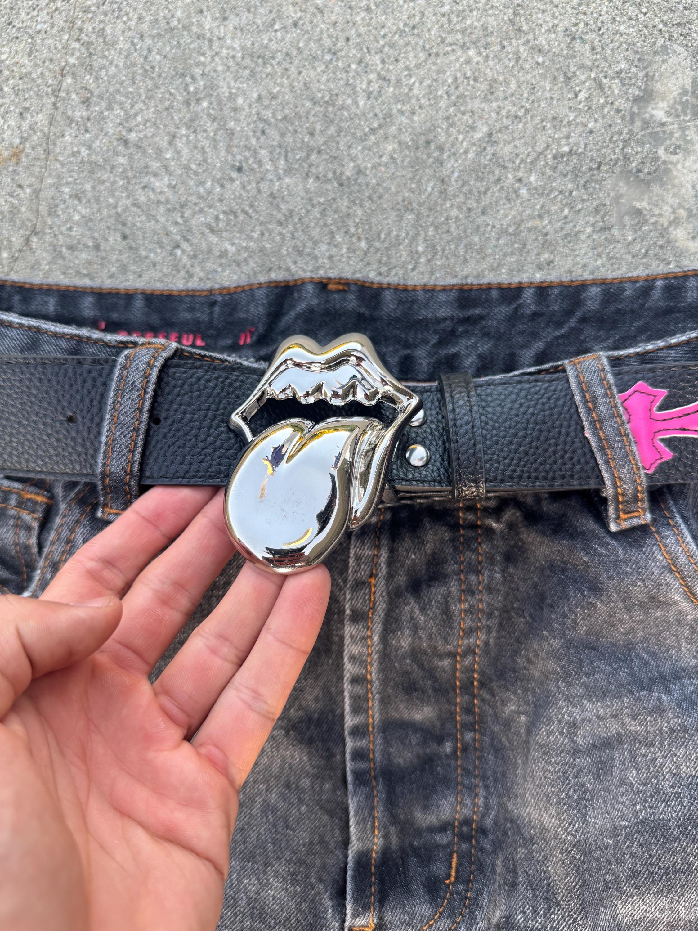 CH grunge silver Rolling Stones tounge belt leather crosses patch punk Y2K chrome silver e10