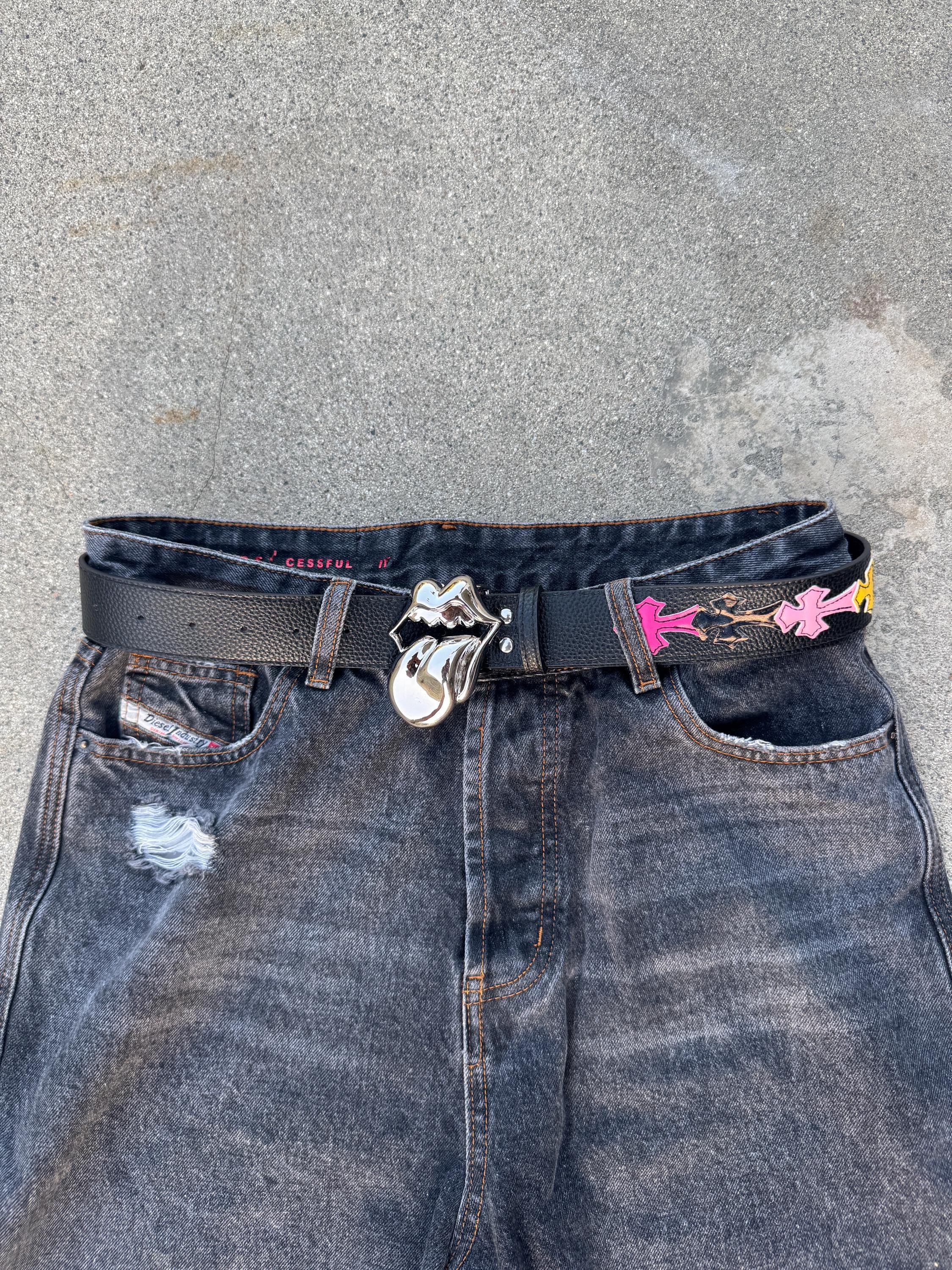 CH grunge silver Rolling Stones tounge belt leather crosses patch punk Y2K chrome silver e10