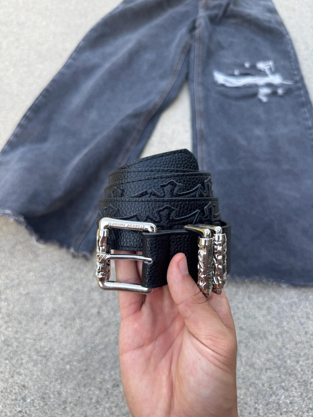 CH grunge black silver roller belt leather crosses patch punk Y2K chrome silver e7